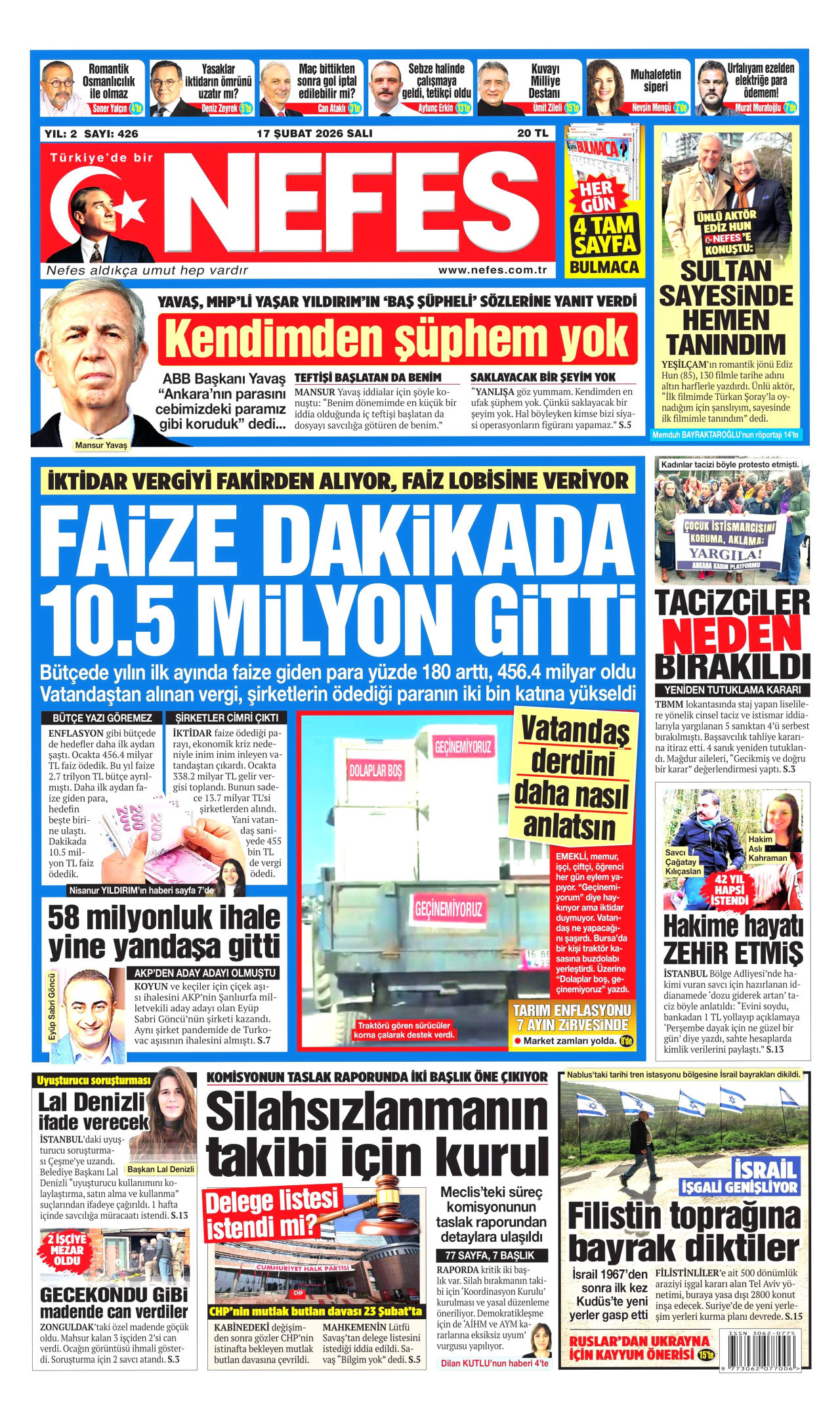 NEFES gazetesinin 17 Şubat 2026 tarihli birinci sayfası