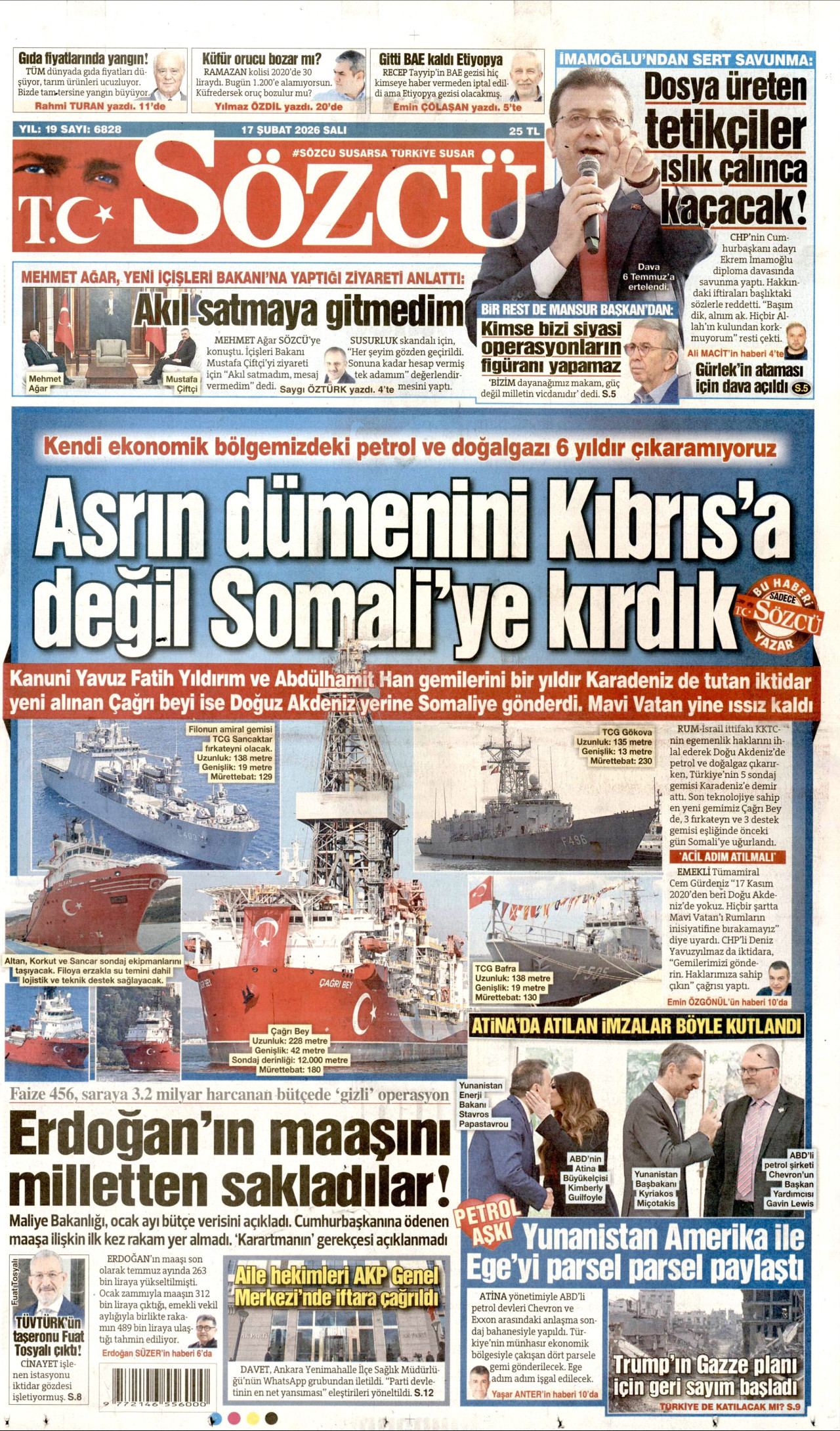 SÖZCÜ gazetesinin 17 Şubat 2026 tarihli birinci sayfası