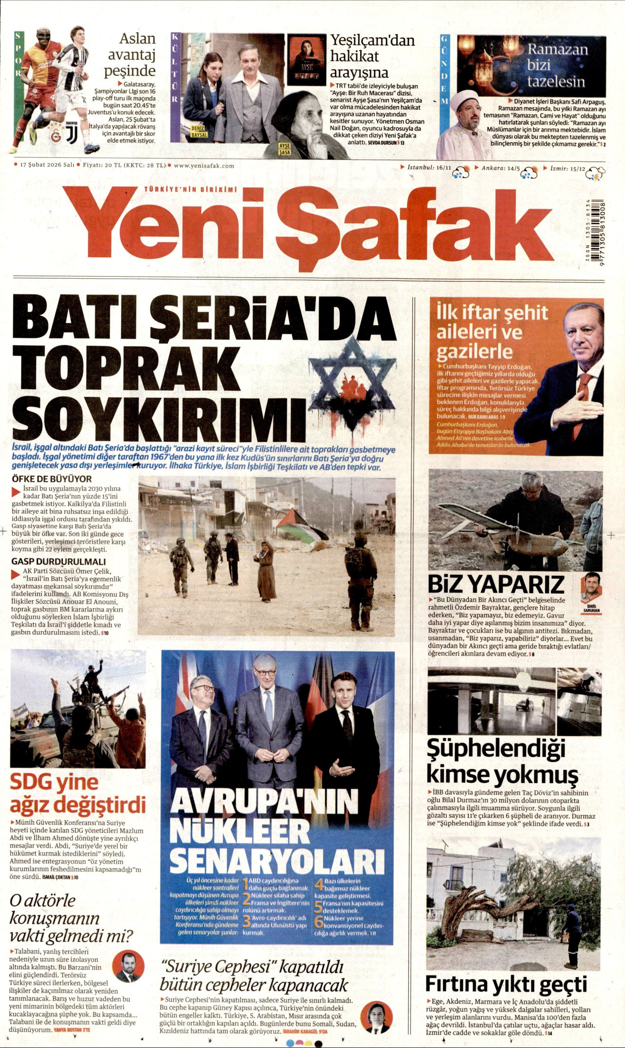 YENİ ŞAFAK gazetesinin 17 Şubat 2026 tarihli birinci sayfası