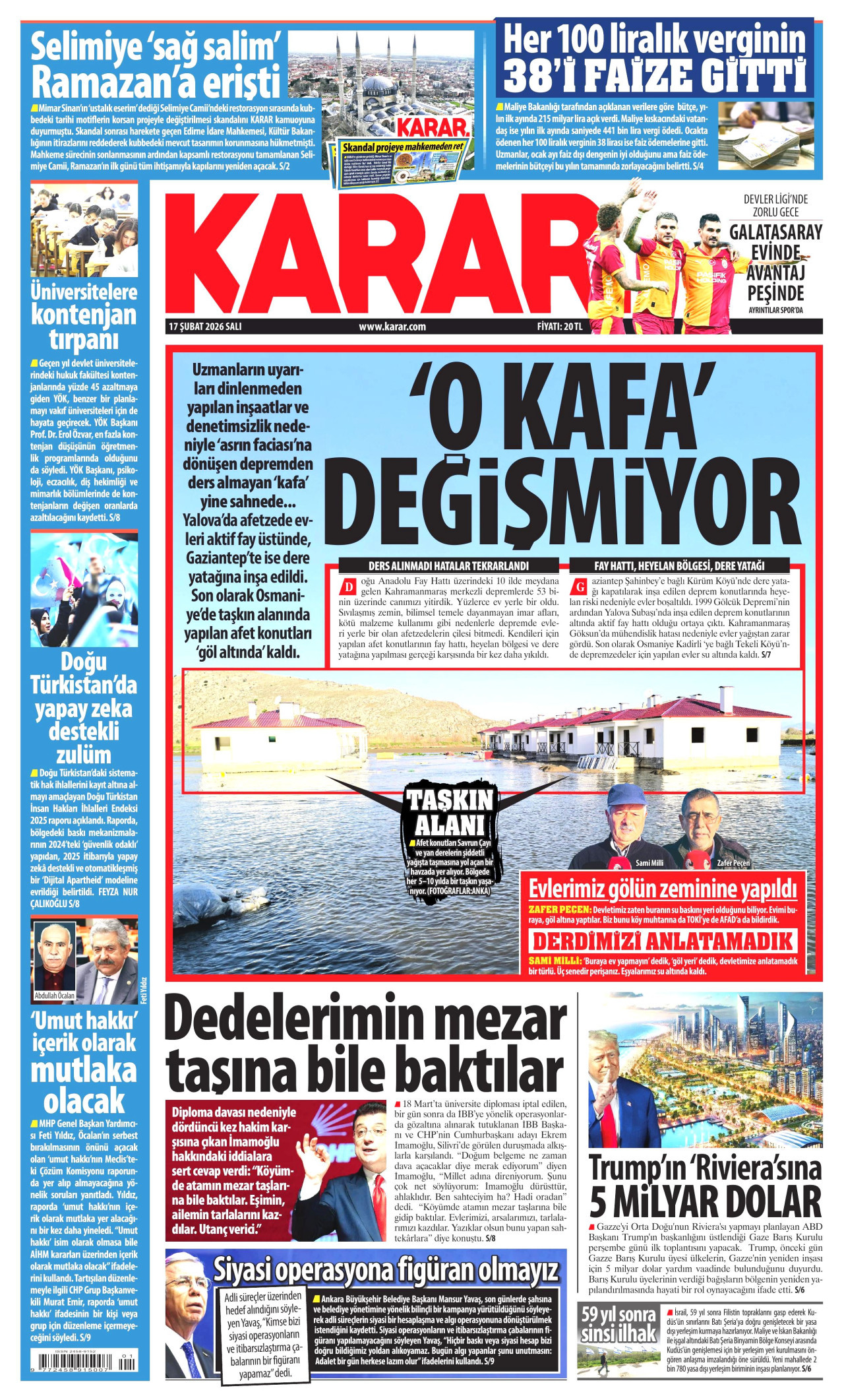 KARAR gazetesinin 17 Şubat 2026 tarihli birinci sayfası
