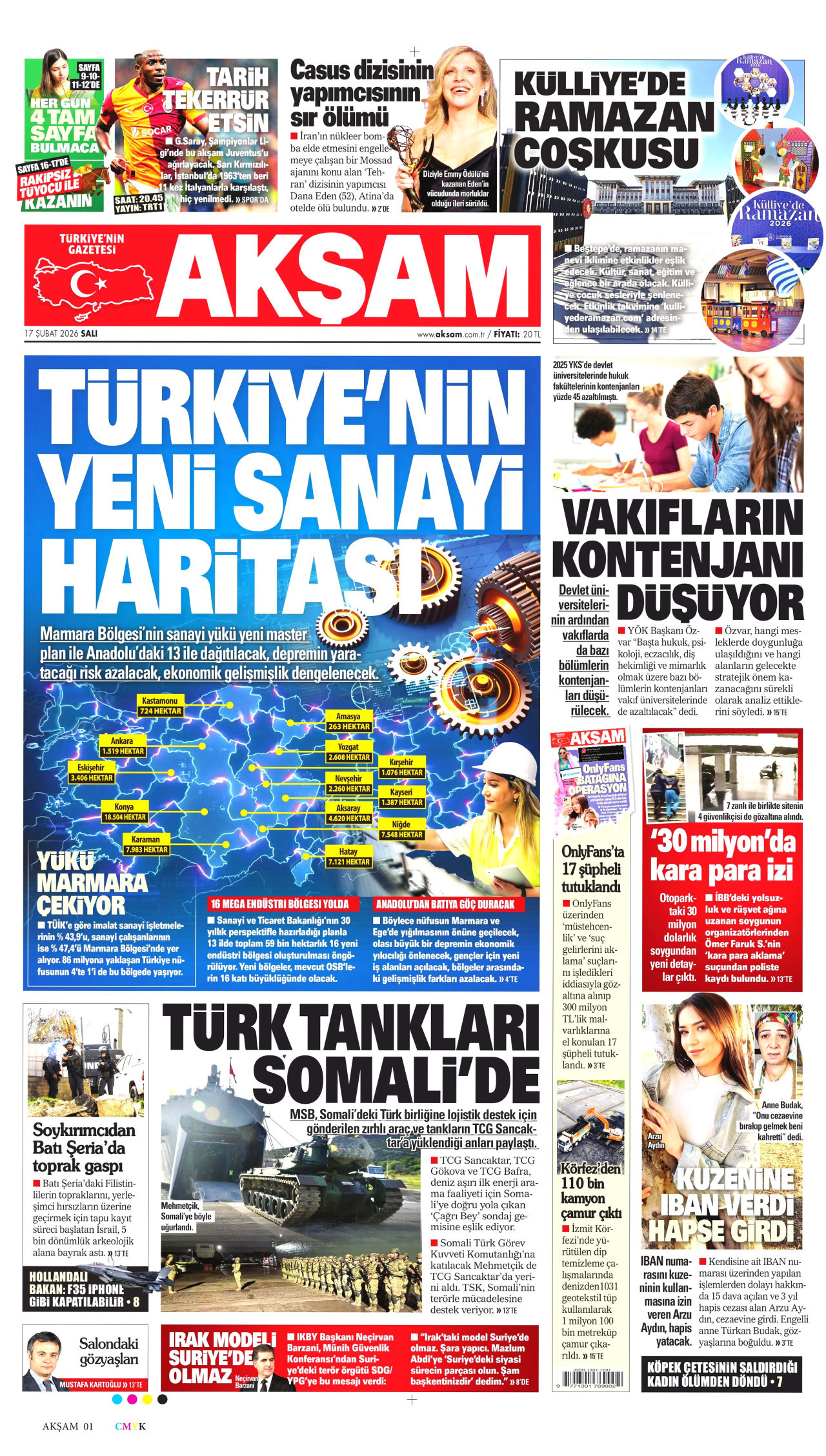 AKŞAM gazetesinin 17 Şubat 2026 tarihli birinci sayfası