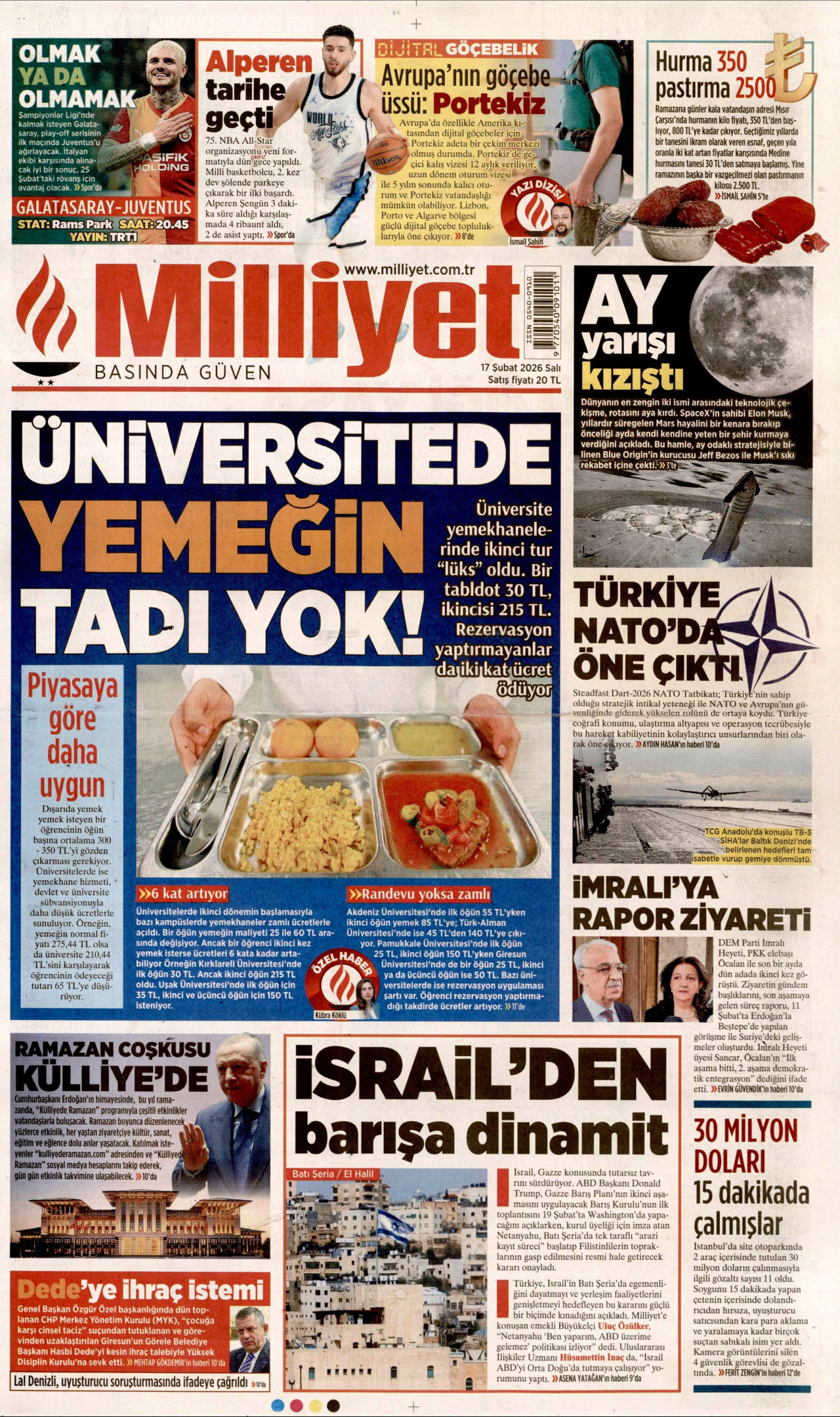 MİLLİYET gazetesinin 17 Şubat 2026 tarihli birinci sayfası