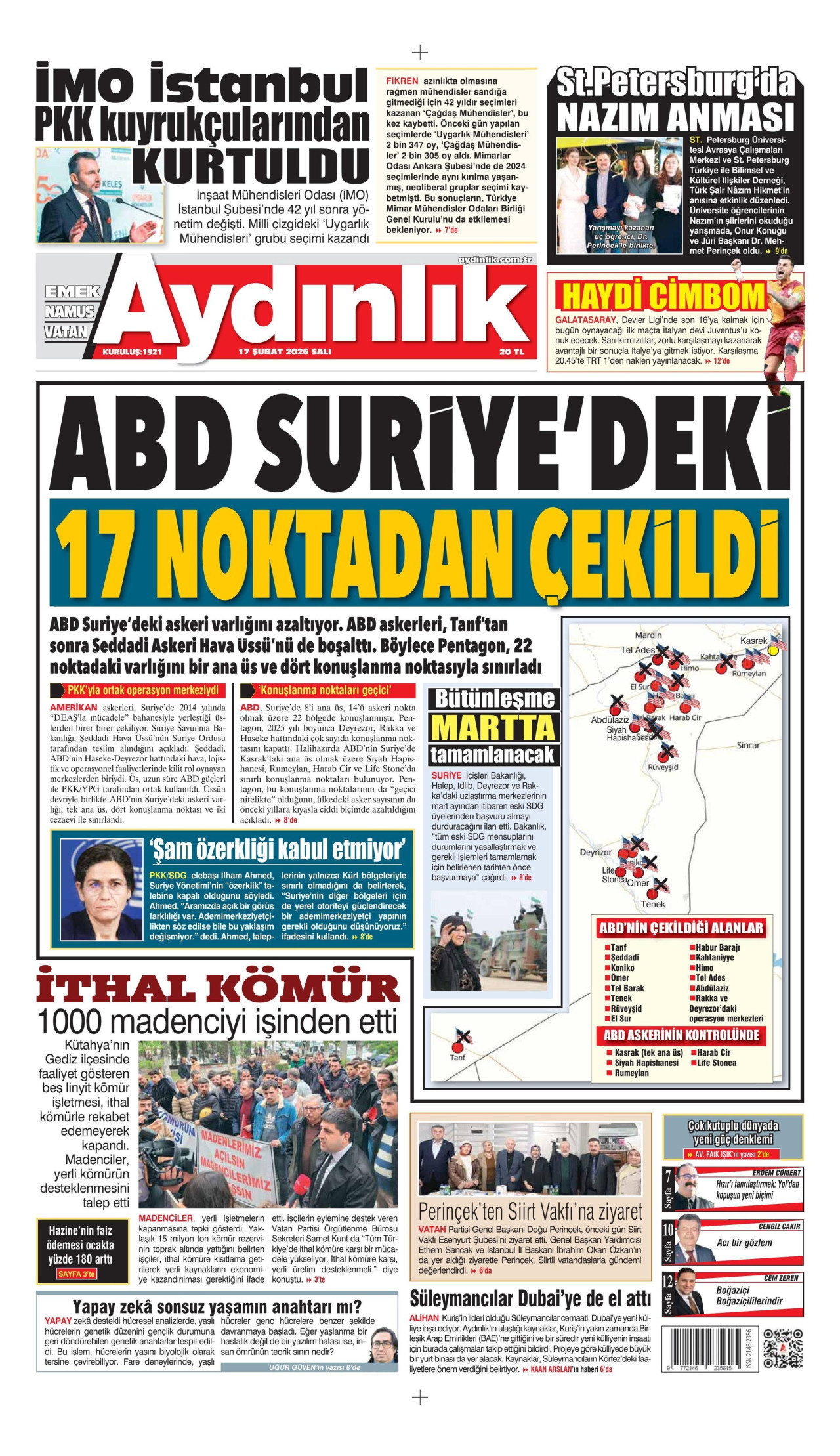 AYDINLIK GAZETESİ gazetesinin 17 Şubat 2026 tarihli birinci sayfası