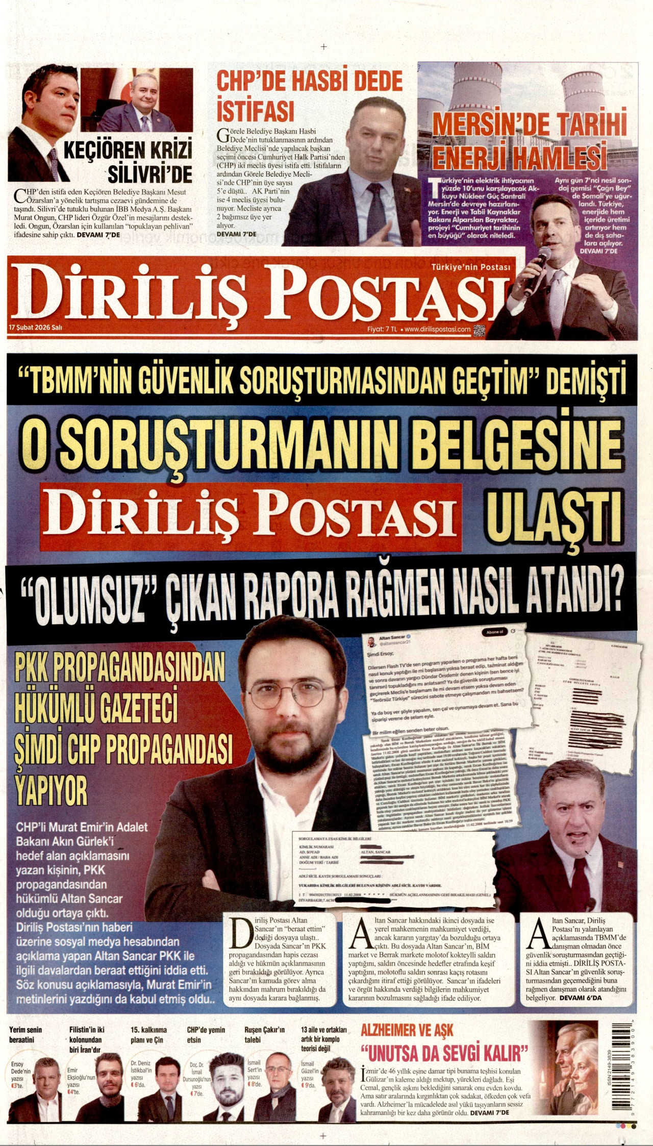 DİRİLİŞ POSTASI gazetesinin 17 Şubat 2026 tarihli birinci sayfası