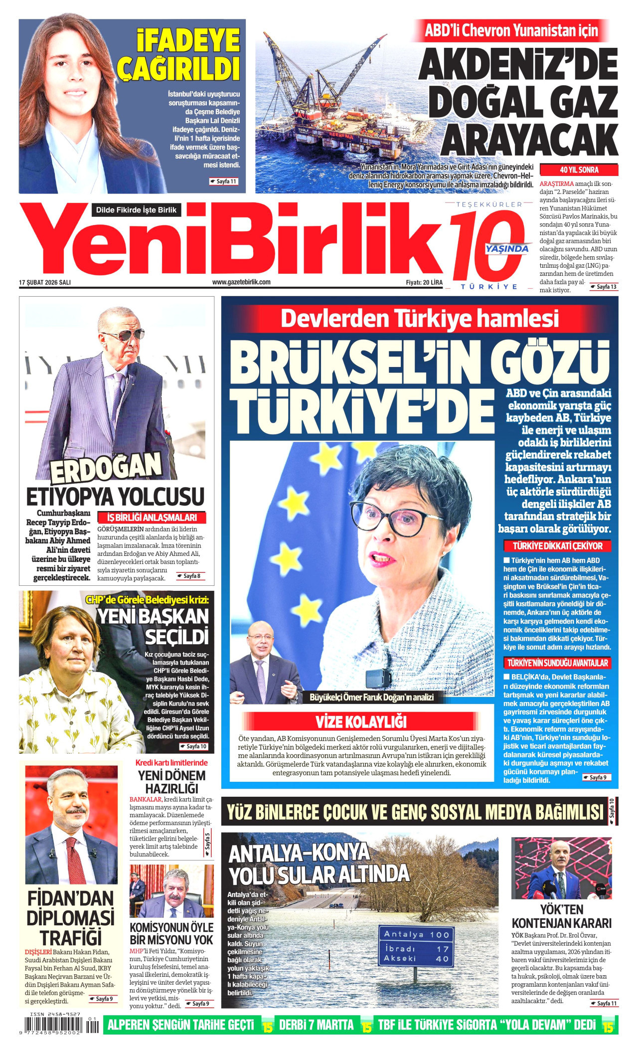 YENİBİRLİK gazetesinin 17 Şubat 2026 tarihli birinci sayfası