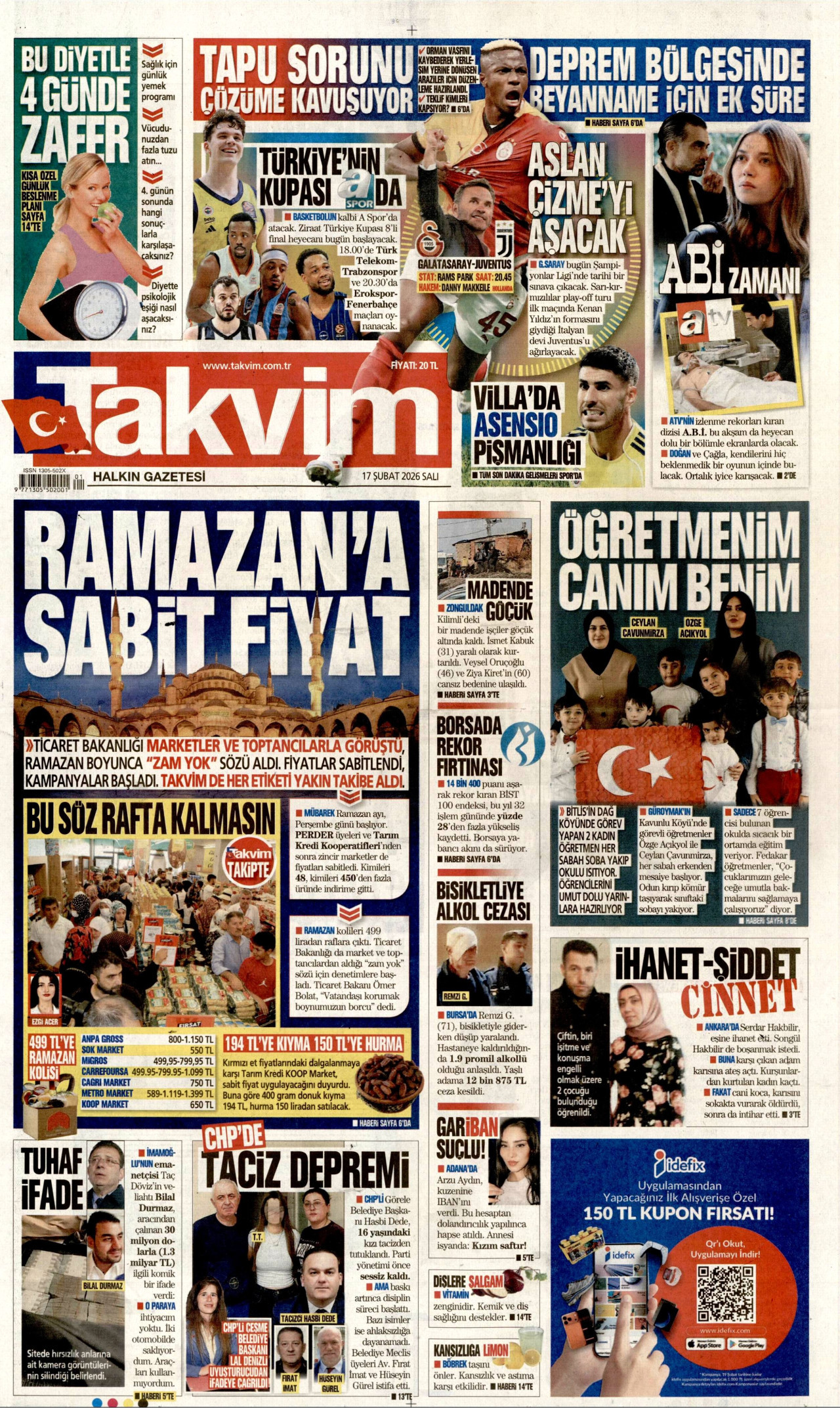 TAKVİM gazetesinin 17 Şubat 2026 tarihli birinci sayfası