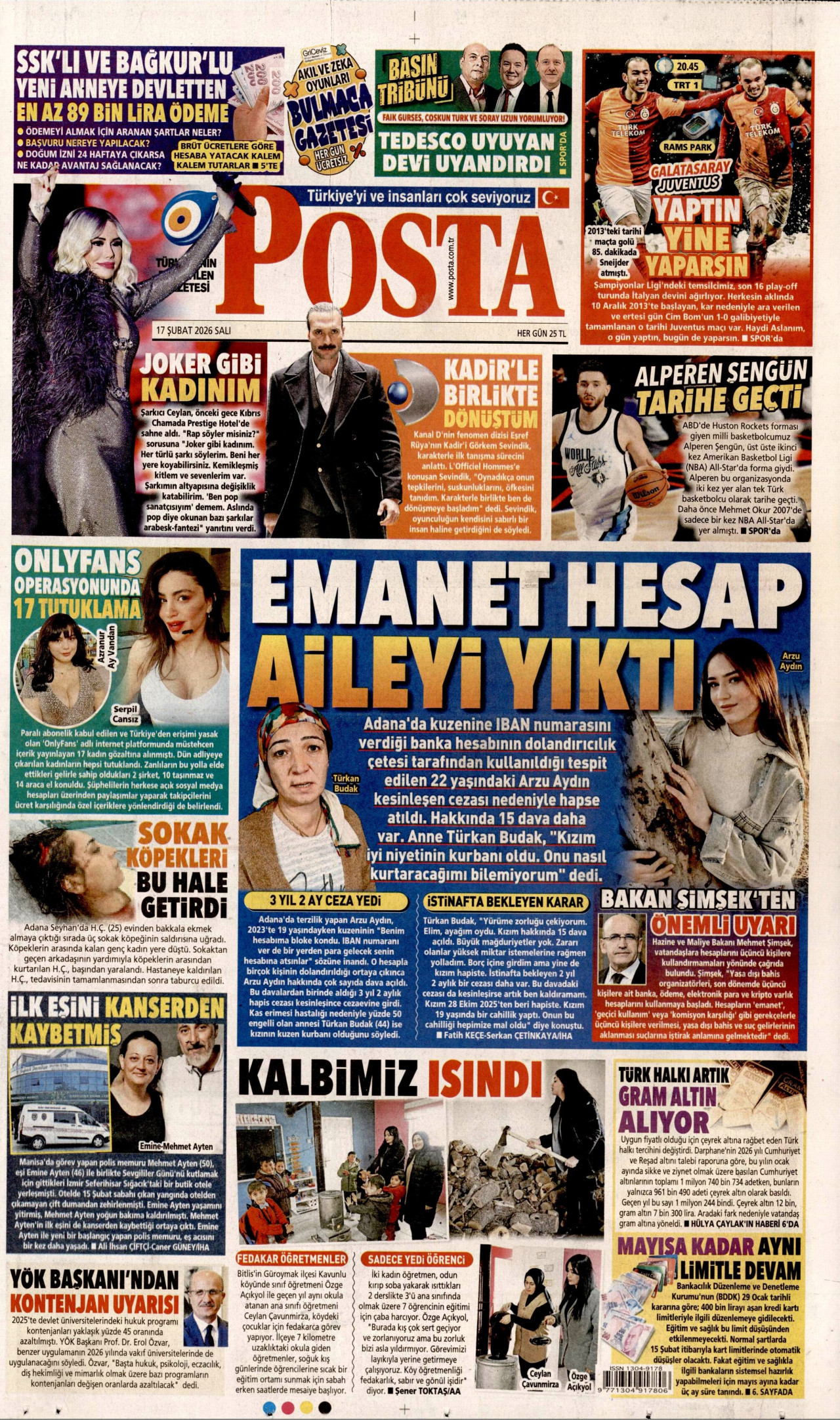 POSTA gazetesinin 17 Şubat 2026 tarihli birinci sayfası