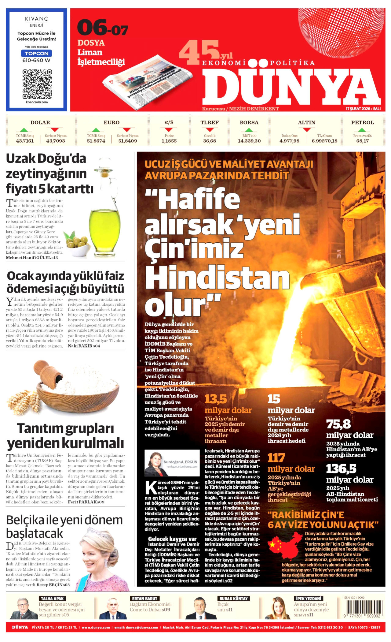 DÜNYA gazetesinin 17 Şubat 2026 tarihli birinci sayfası