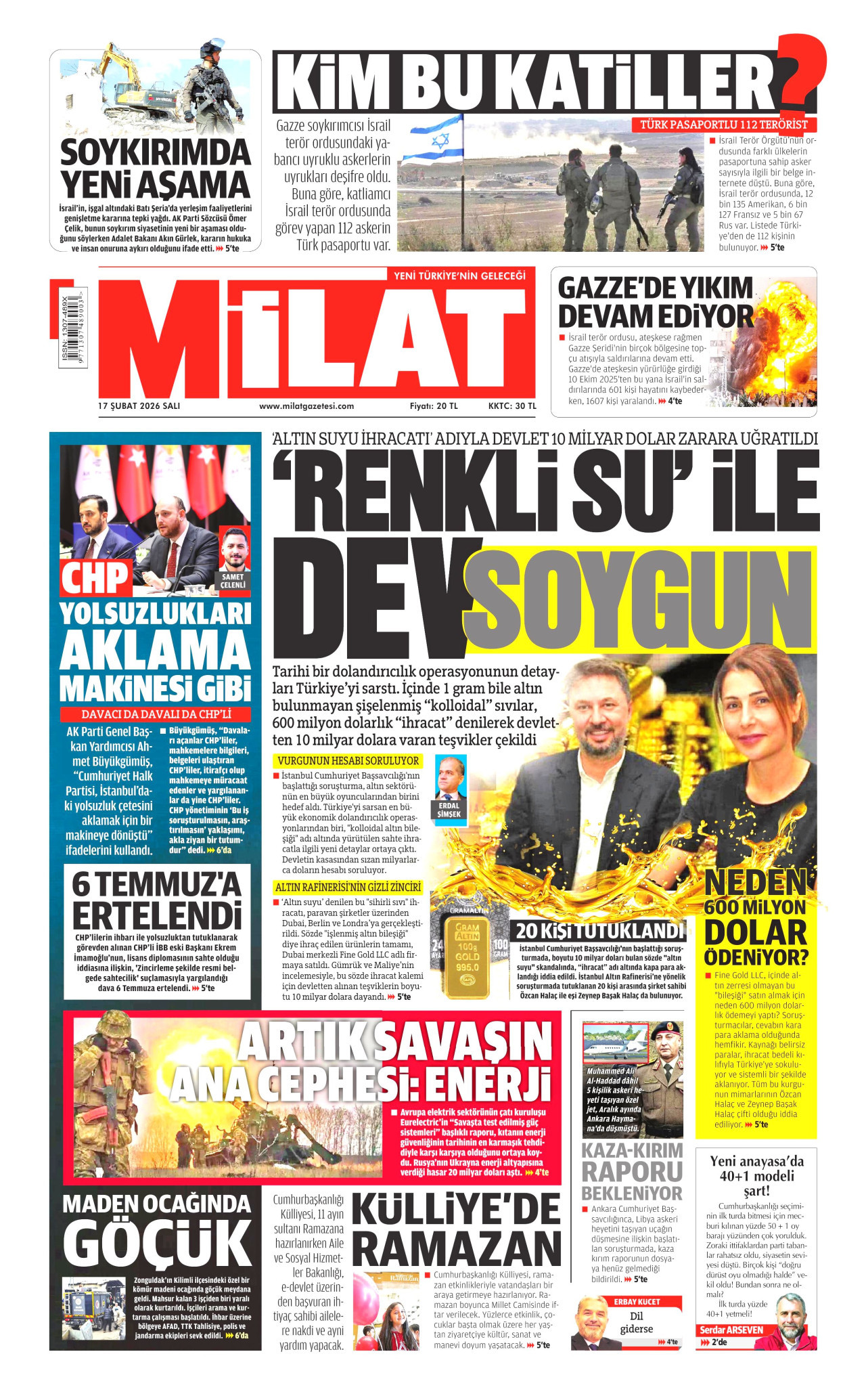 MİLAT gazetesinin 17 Şubat 2026 tarihli birinci sayfası