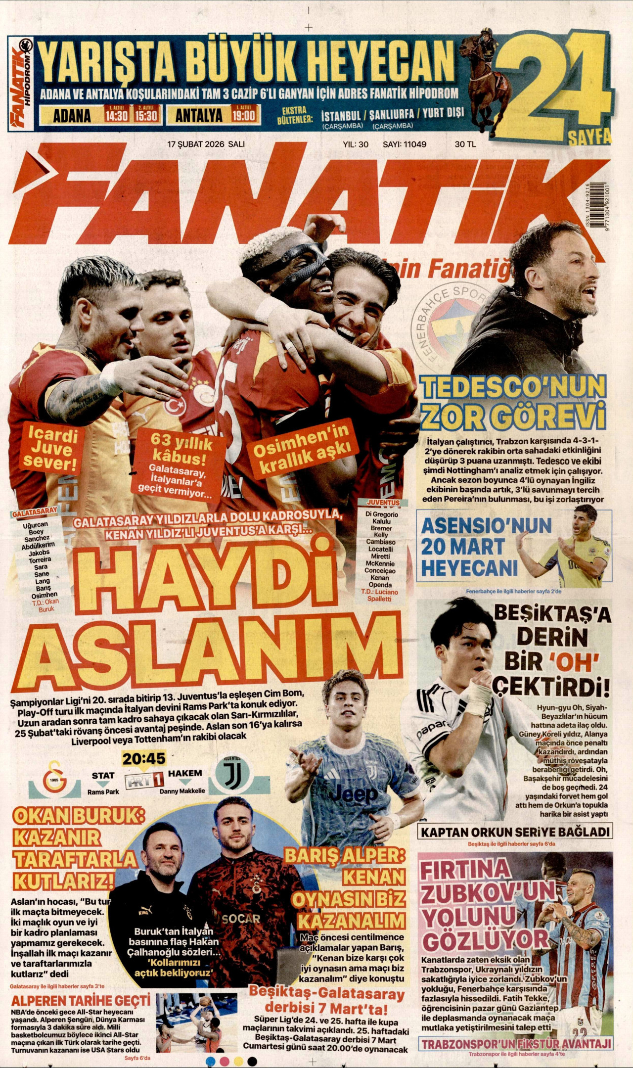 FANATİK gazetesinin 17 Şubat 2026 tarihli birinci sayfası