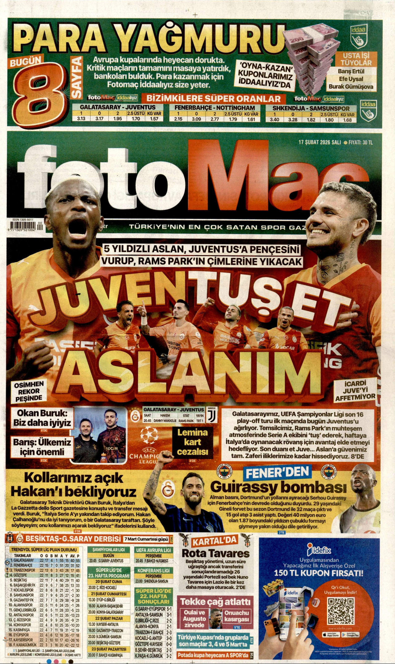 FOTOMAÇ gazetesinin 17 Şubat 2026 tarihli birinci sayfası