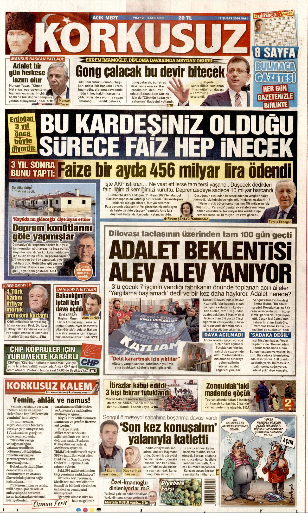 KORKUSUZ gazetesinin 17 Şubat 2026 tarihli birinci sayfası