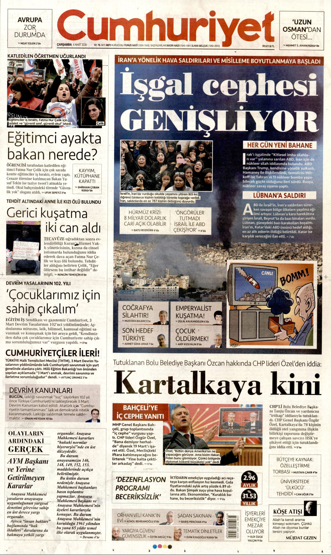 CUMHURİYET gazetesinin 4 Mart 2026 tarihli birinci sayfası
