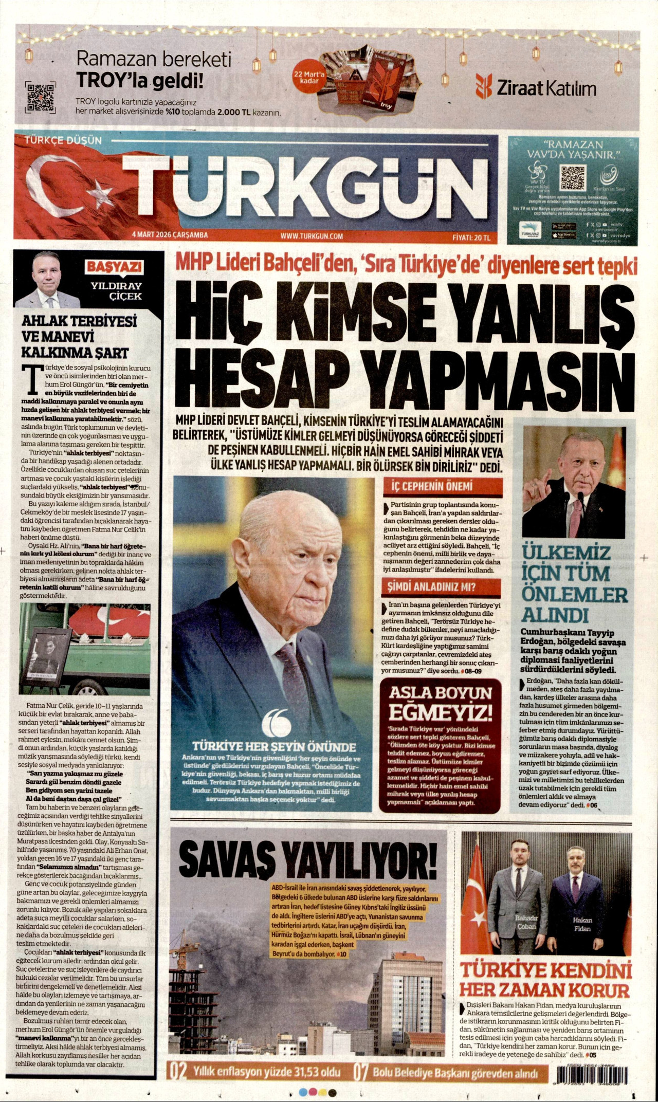 TÜRKGÜN gazetesinin 4 Mart 2026 tarihli birinci sayfası