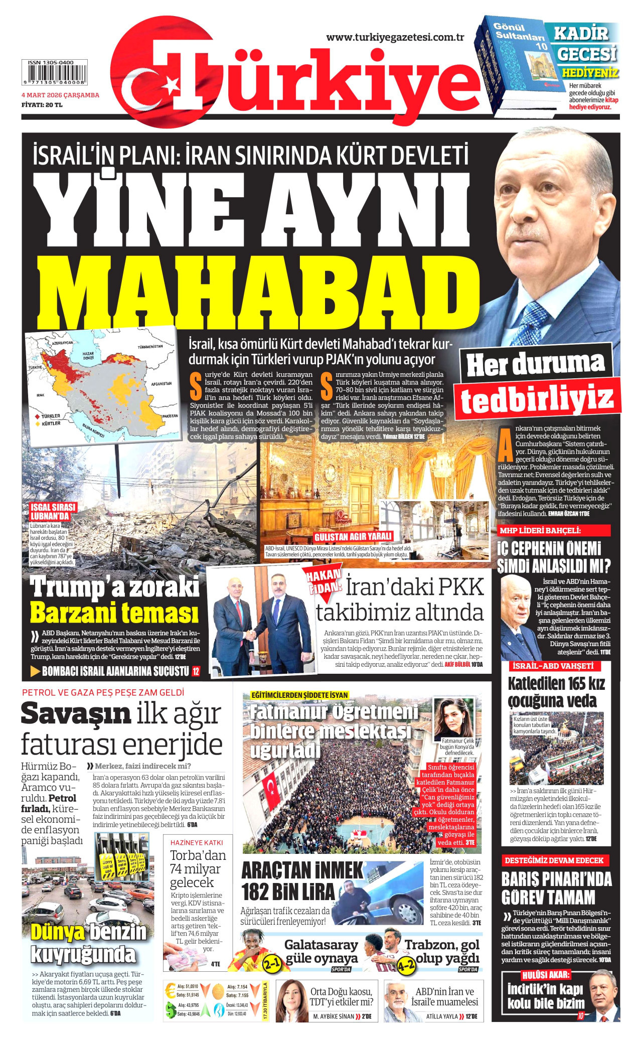 TÜRKİYE GAZETESİ gazetesinin 4 Mart 2026 tarihli birinci sayfası