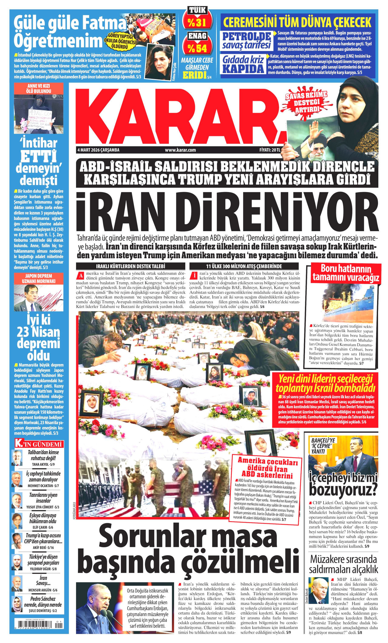 KARAR gazetesinin 4 Mart 2026 tarihli birinci sayfası