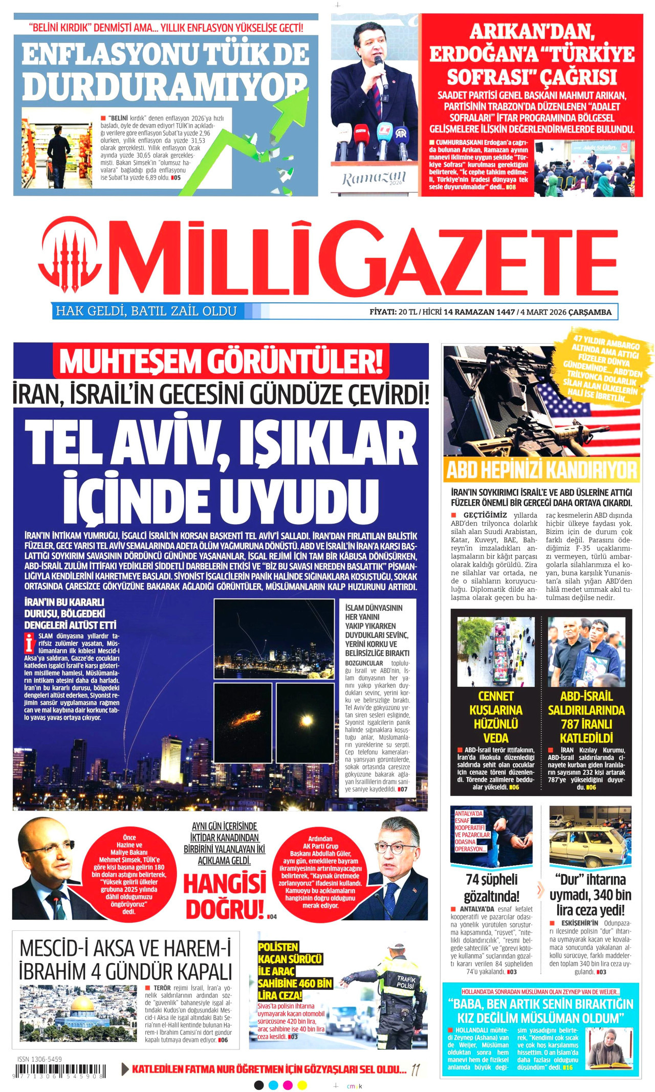 MİLLİ GAZETE gazetesinin 4 Mart 2026 tarihli birinci sayfası
