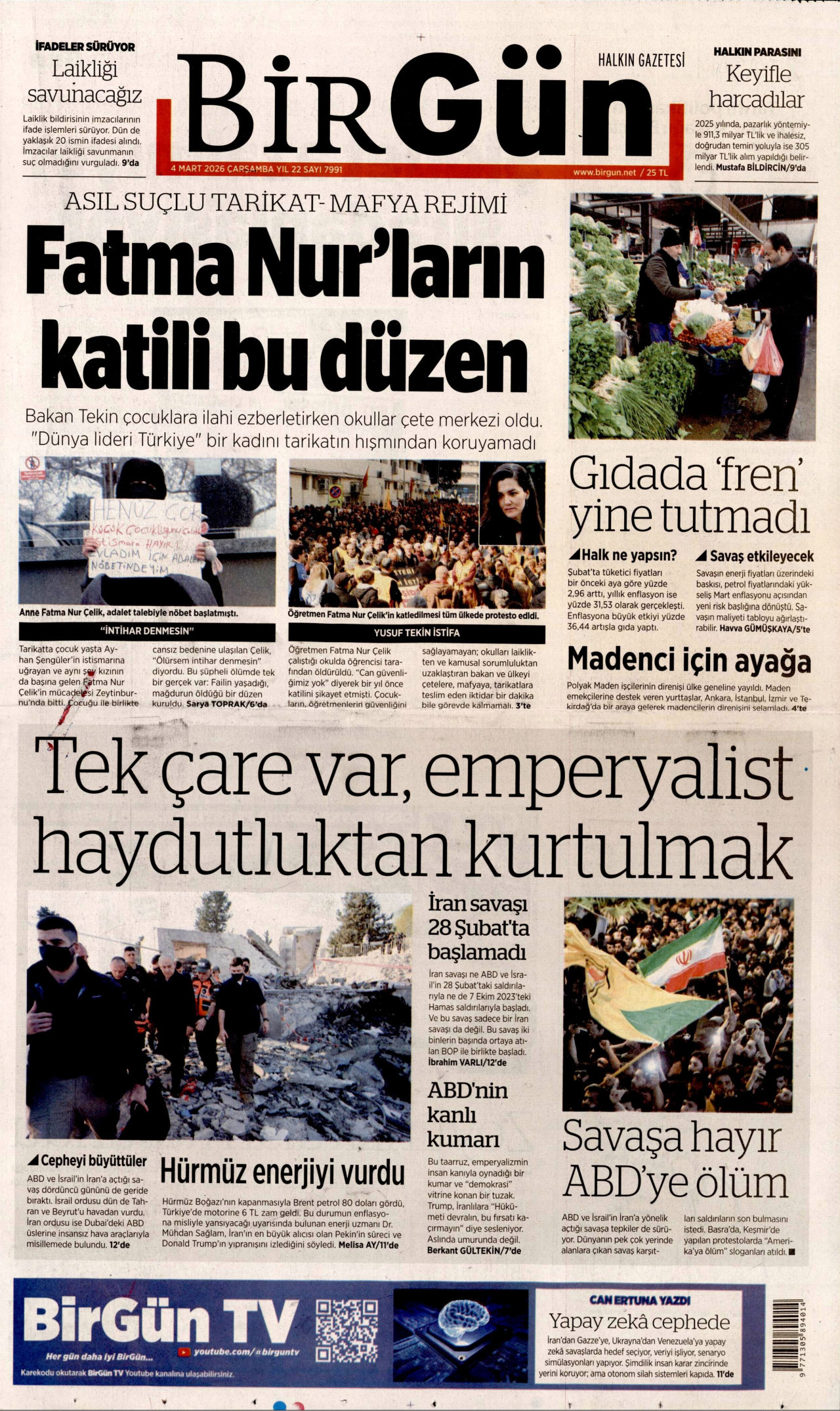 BİRGÜN gazetesinin 4 Mart 2026 tarihli birinci sayfası
