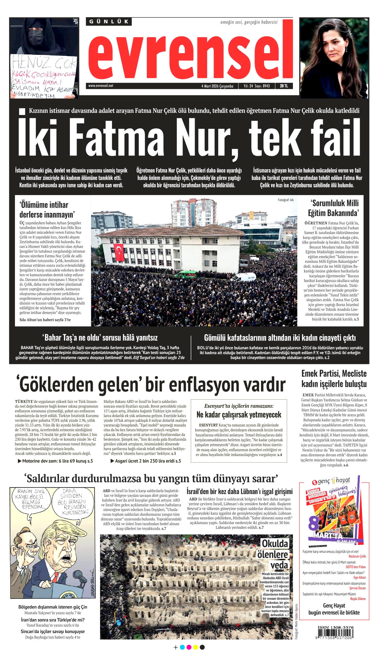 EVRENSEL gazetesinin 4 Mart 2026 tarihli birinci sayfası