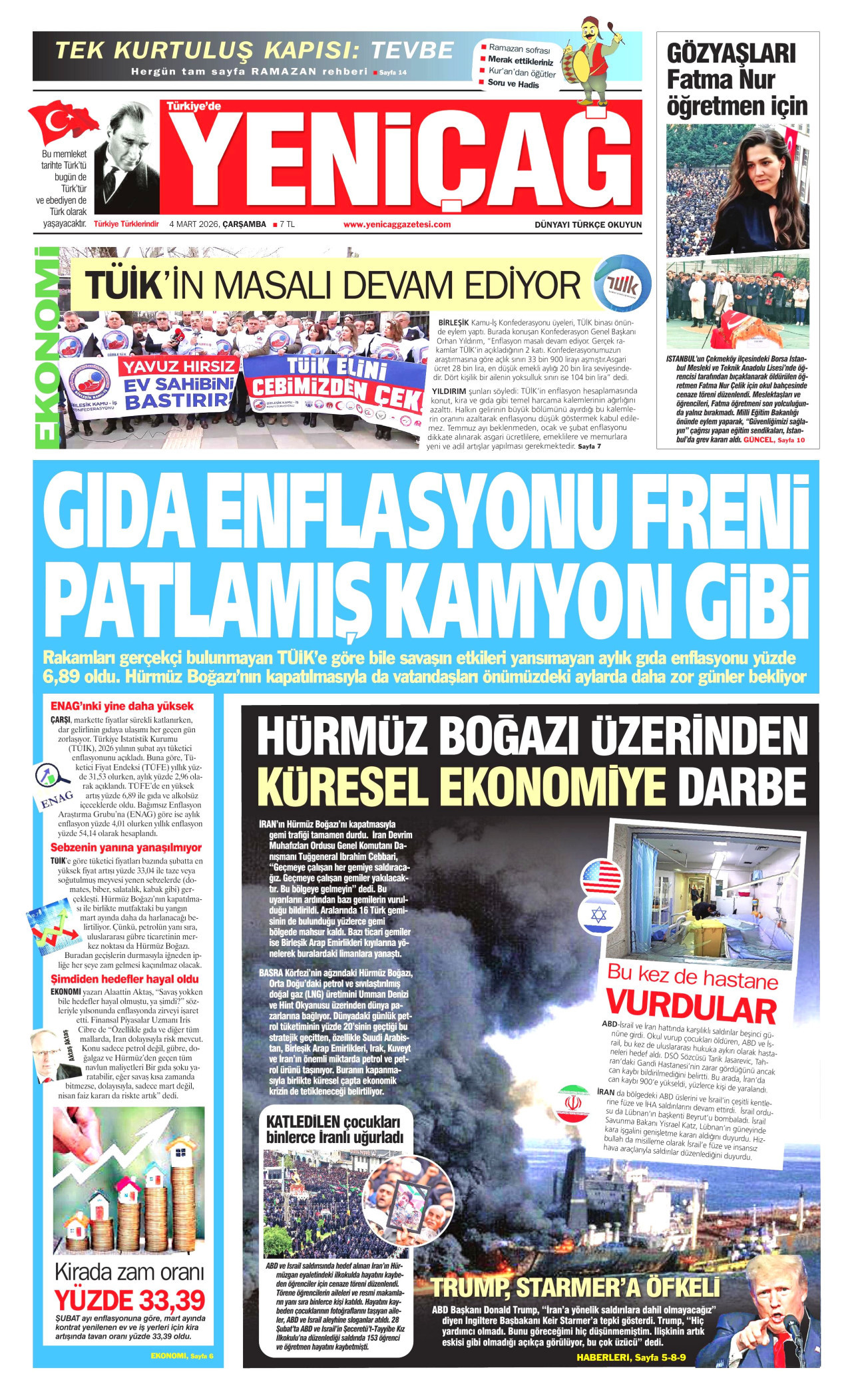 YENİÇAĞ gazetesinin 4 Mart 2026 tarihli birinci sayfası