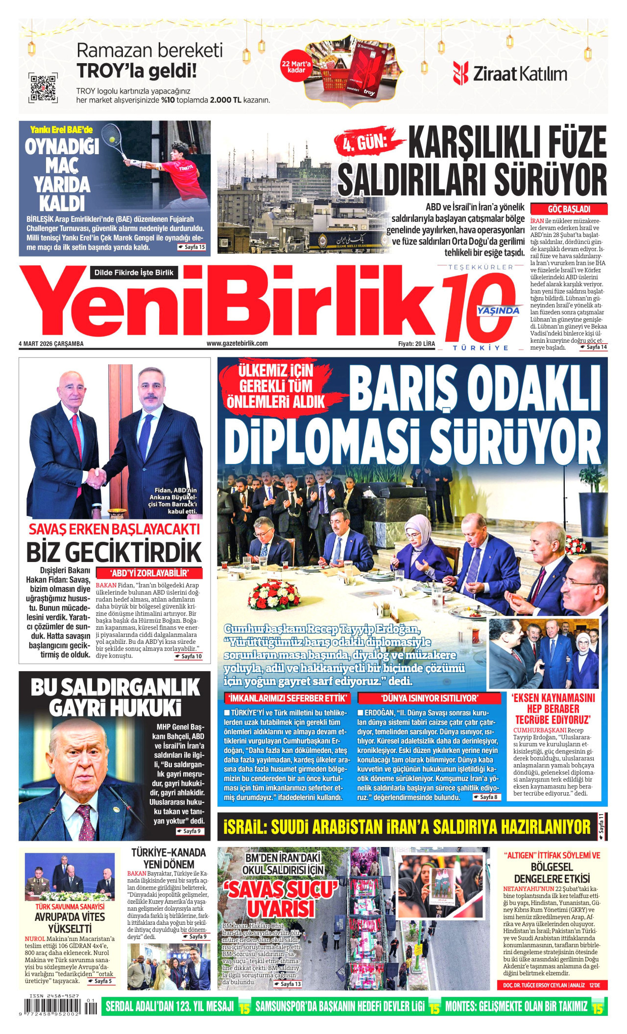 YENİBİRLİK gazetesinin 4 Mart 2026 tarihli birinci sayfası