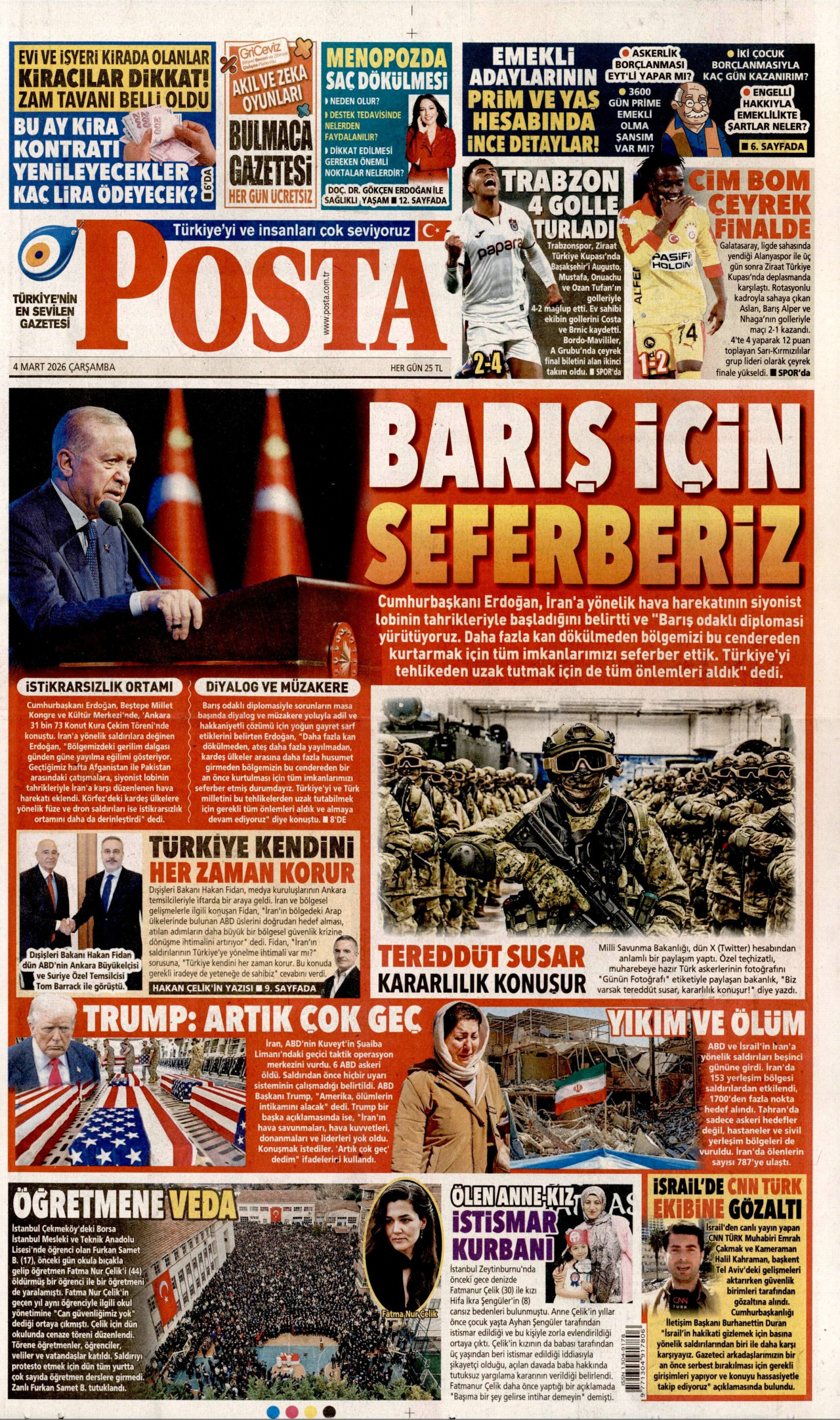 POSTA gazetesinin 4 Mart 2026 tarihli birinci sayfası