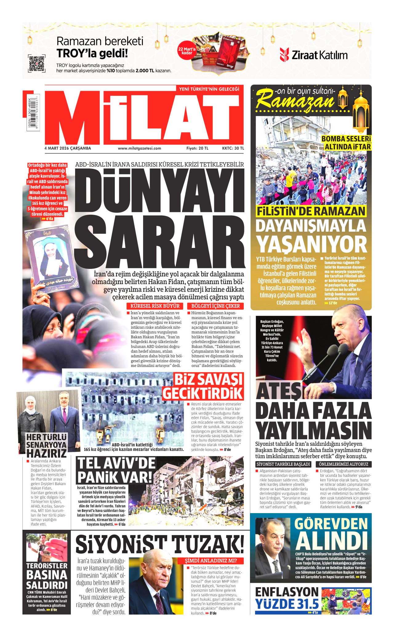 MİLAT gazetesinin 4 Mart 2026 tarihli birinci sayfası