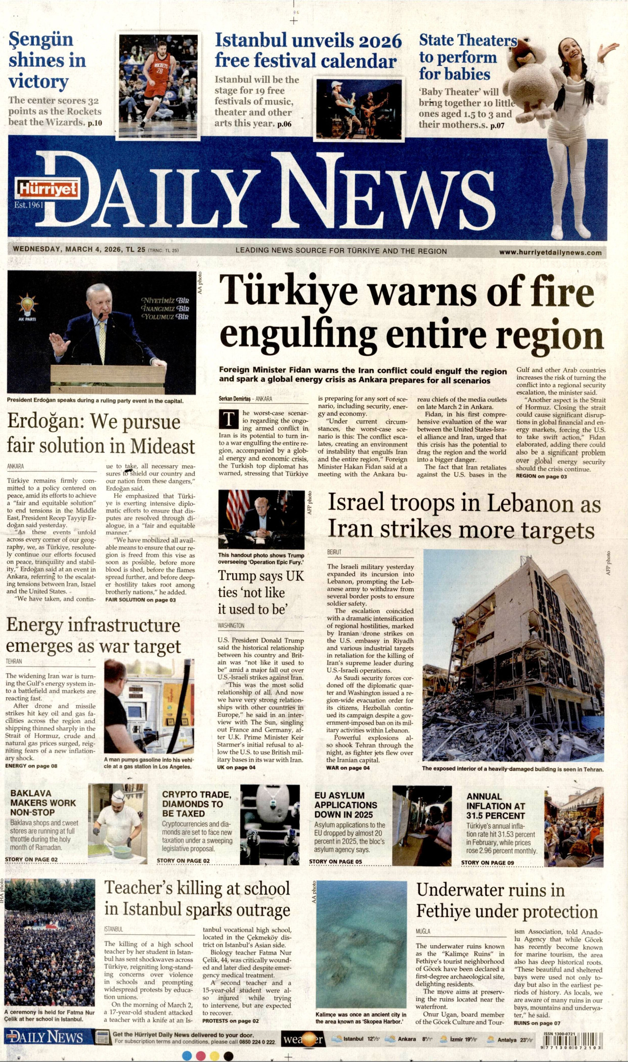 HÜRRİYET DAİLY NEWS gazetesinin 4 Mart 2026 tarihli birinci sayfası