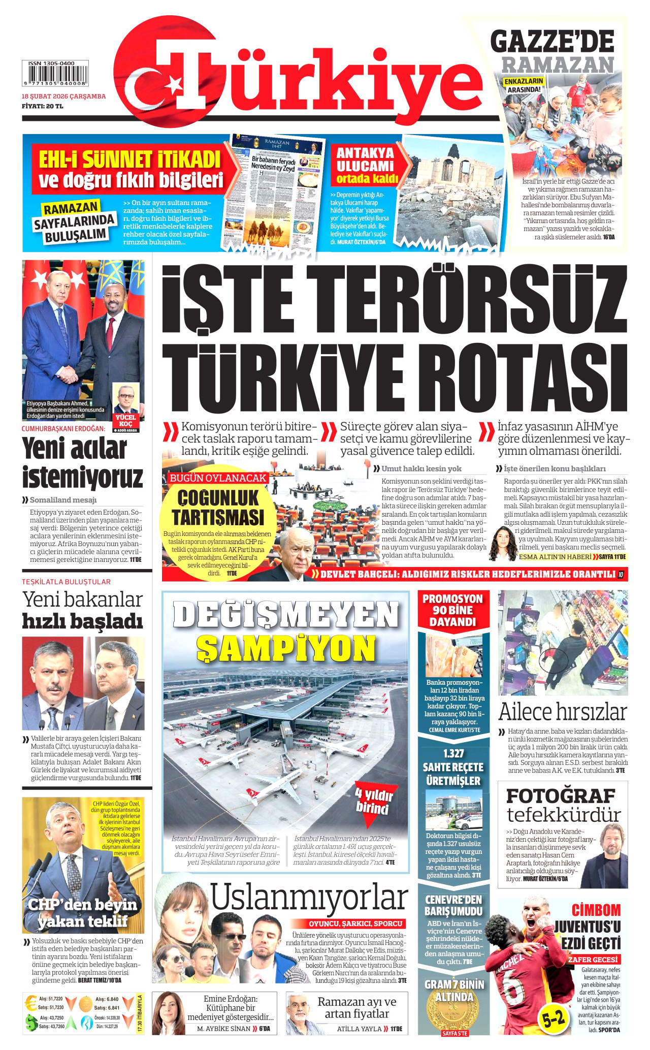 TÜRKİYE GAZETESİ gazetesinin 18 Şubat 2026 tarihli birinci sayfası