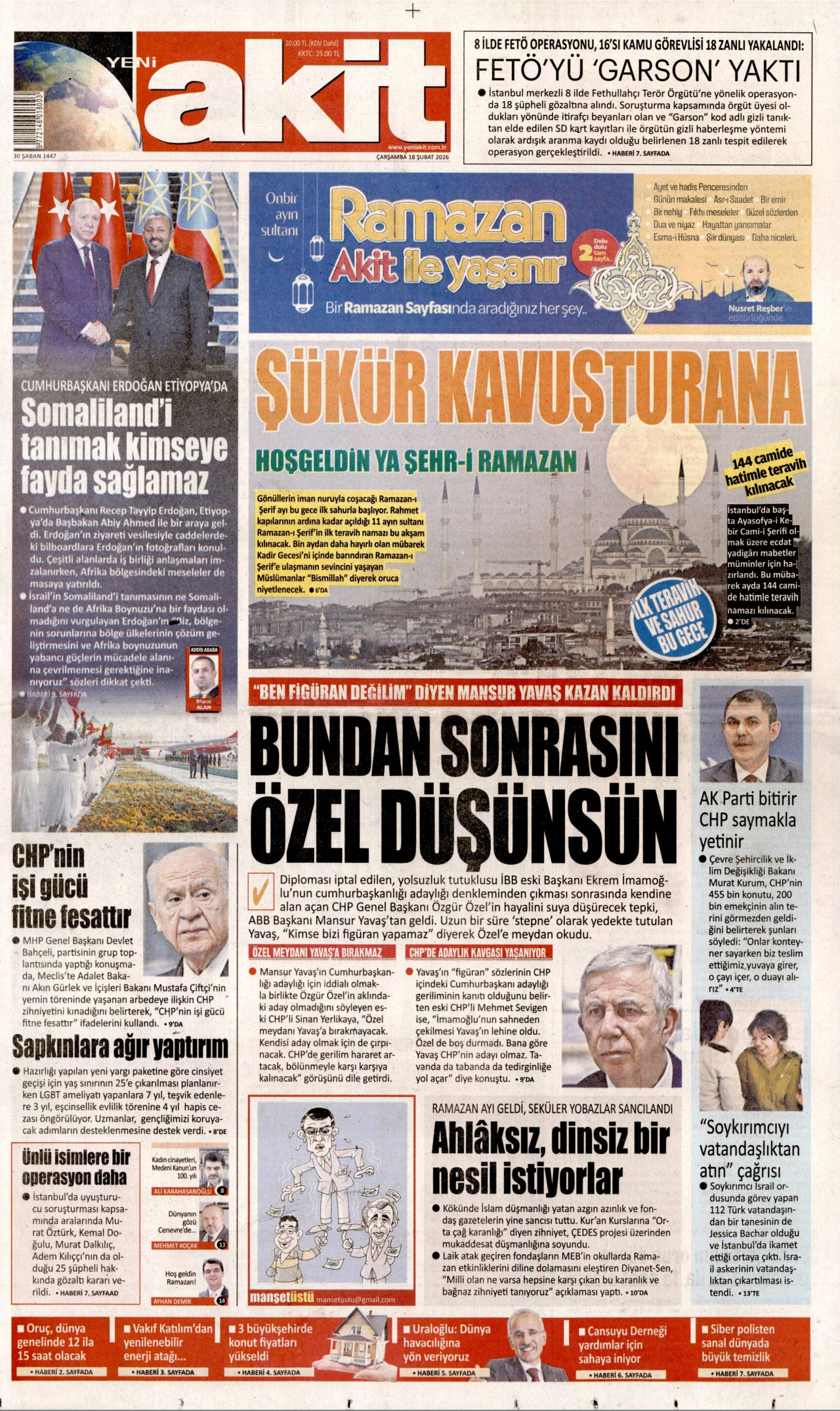 YENİ AKİT gazetesinin 18 Şubat 2026 tarihli birinci sayfası