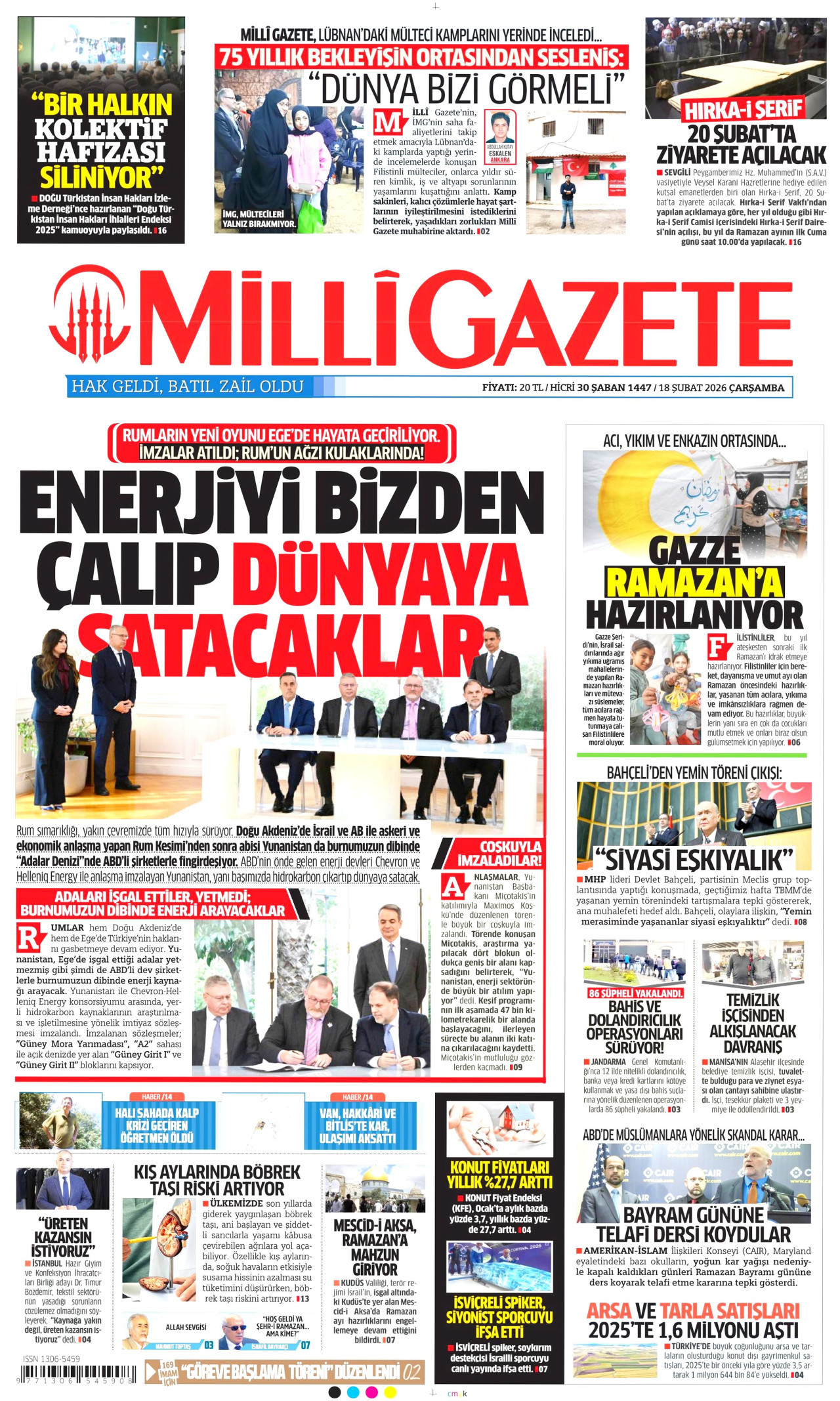 MİLLİ GAZETE gazetesinin 18 Şubat 2026 tarihli birinci sayfası