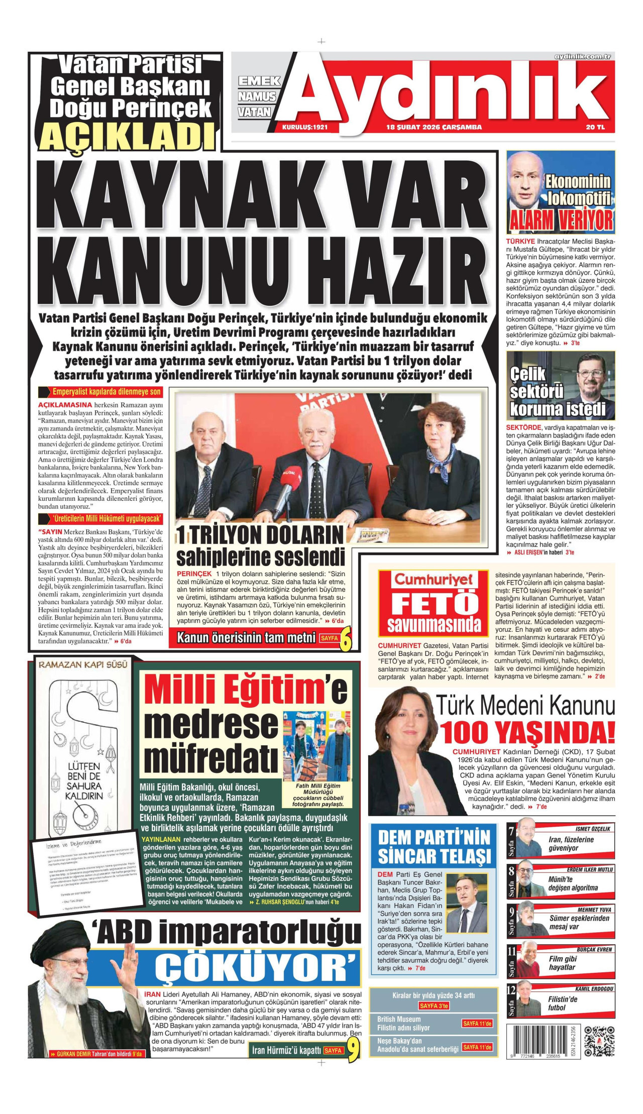 AYDINLIK GAZETESİ gazetesinin 18 Şubat 2026 tarihli birinci sayfası