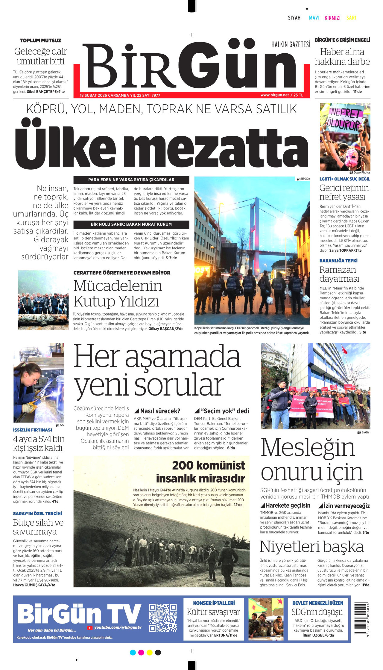 BİRGÜN gazetesinin 18 Şubat 2026 tarihli birinci sayfası