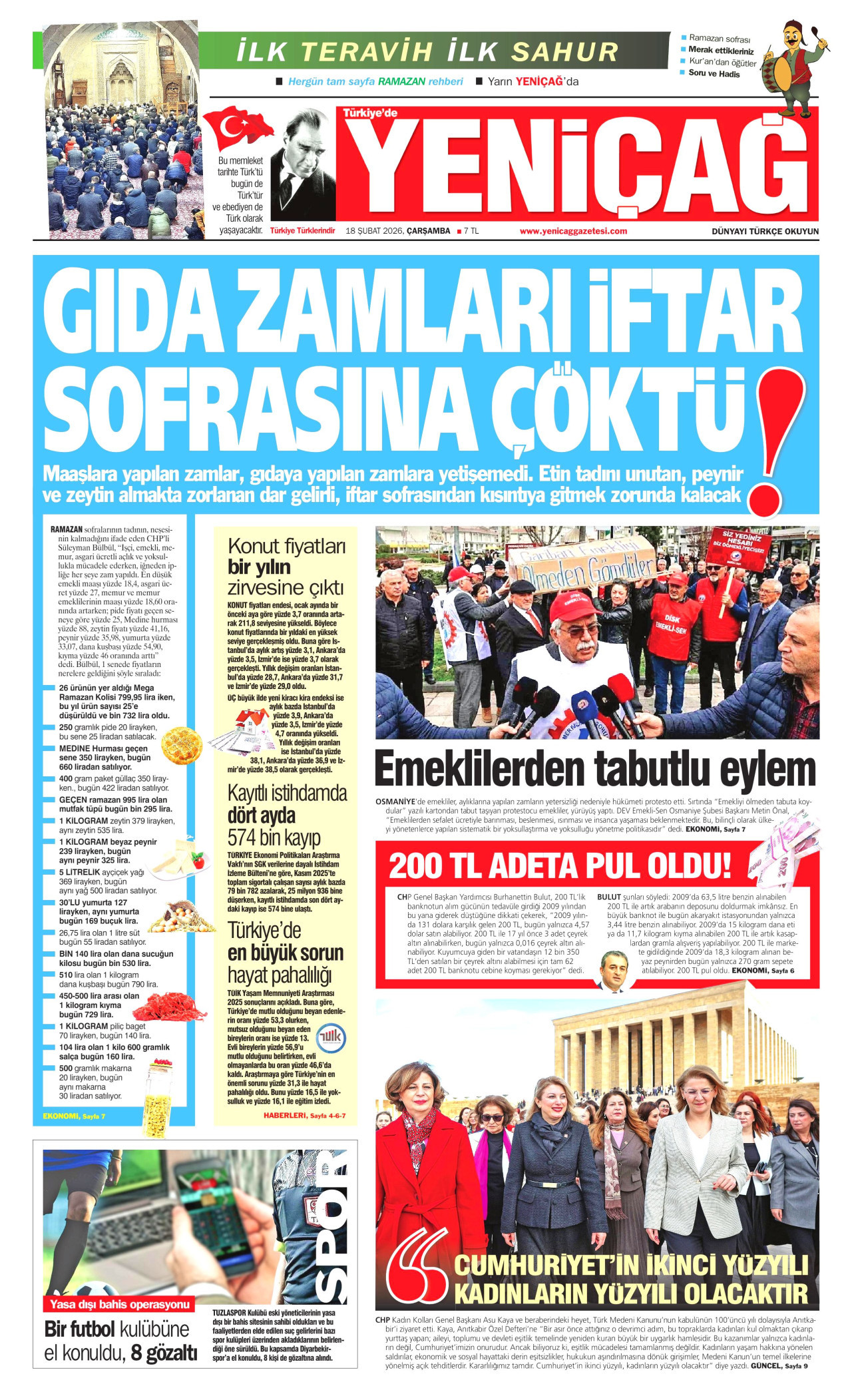 YENİÇAĞ gazetesinin 18 Şubat 2026 tarihli birinci sayfası