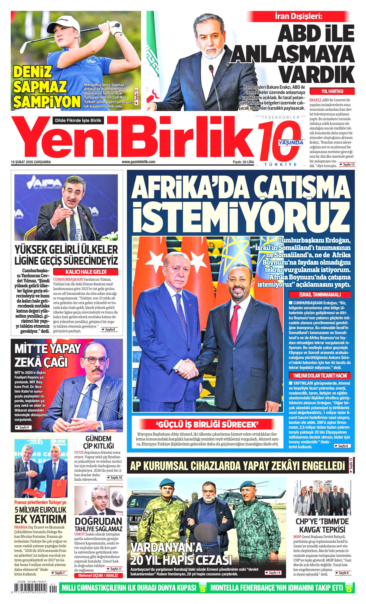 YENİBİRLİK gazetesinin 18 Şubat 2026 tarihli birinci sayfası