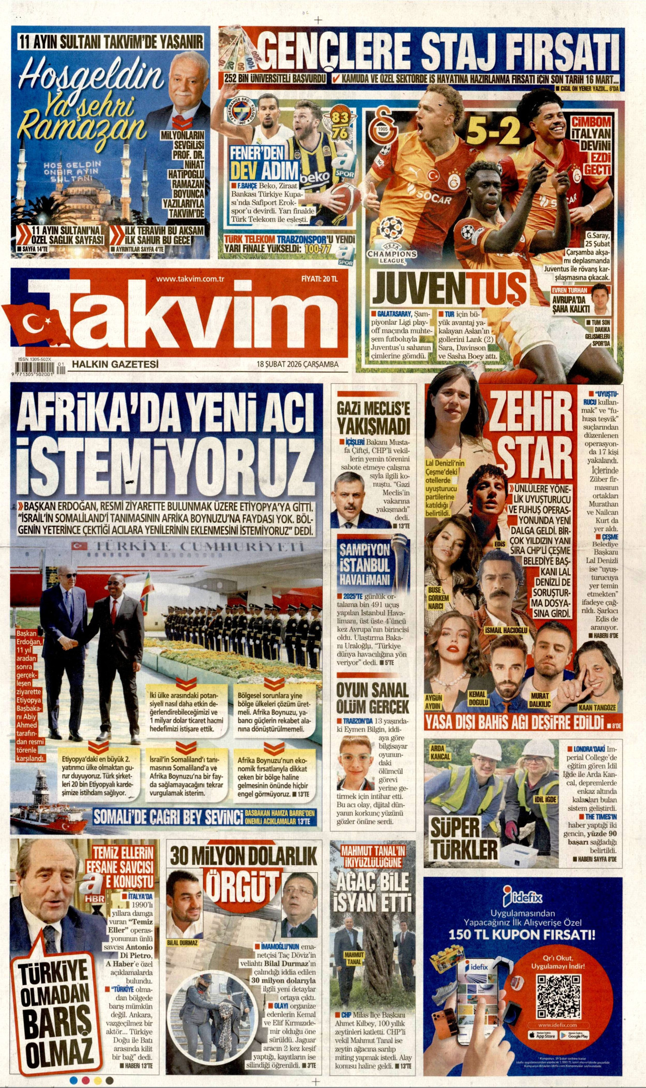 TAKVİM gazetesinin 18 Şubat 2026 tarihli birinci sayfası
