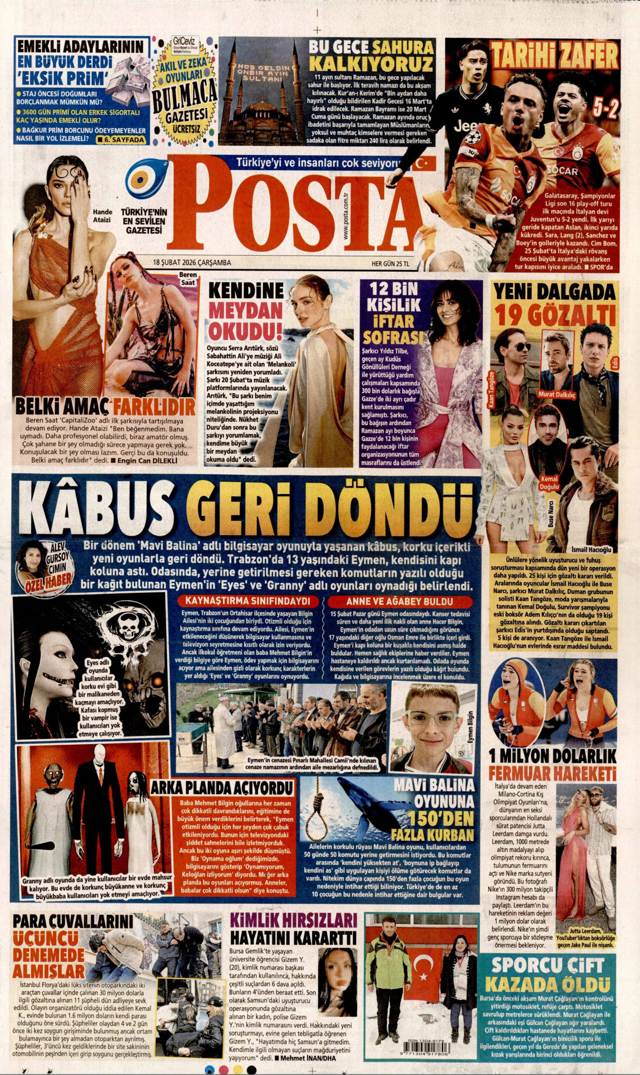 POSTA gazetesinin 18 Şubat 2026 tarihli birinci sayfası
