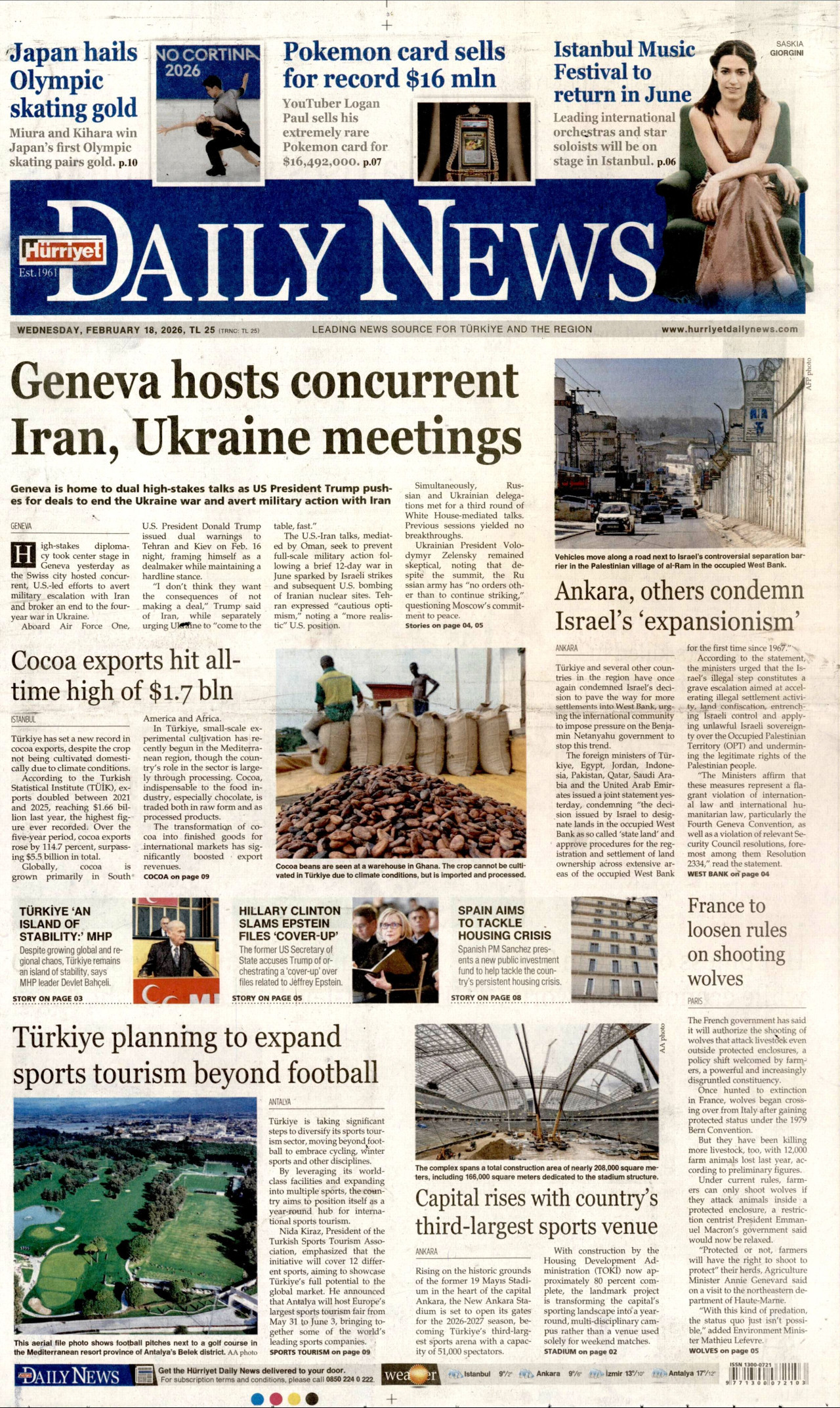 HÜRRİYET DAİLY NEWS gazetesinin 18 Şubat 2026 tarihli birinci sayfası