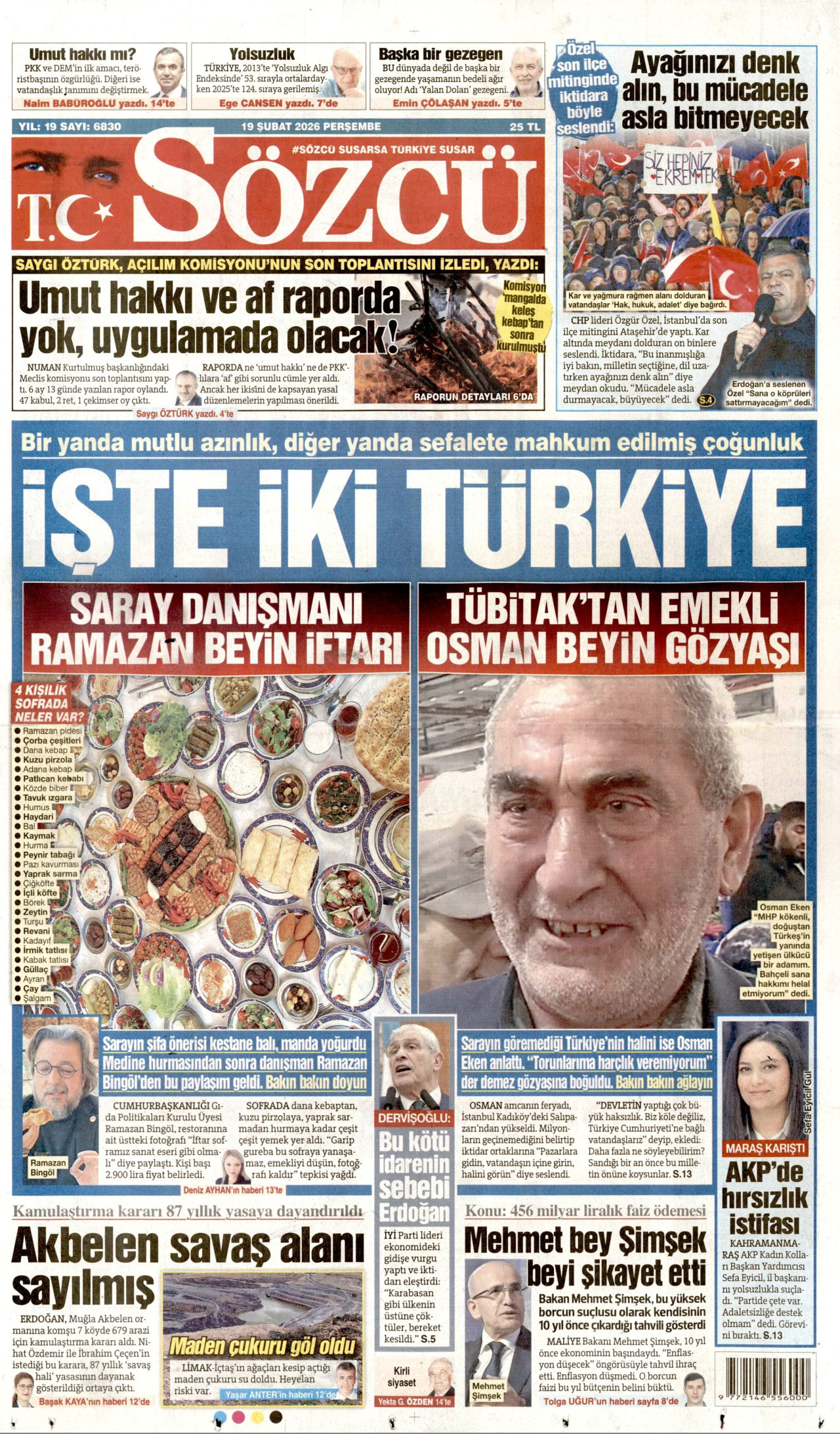 SÖZCÜ gazetesinin 19 Şubat 2026 tarihli birinci sayfası