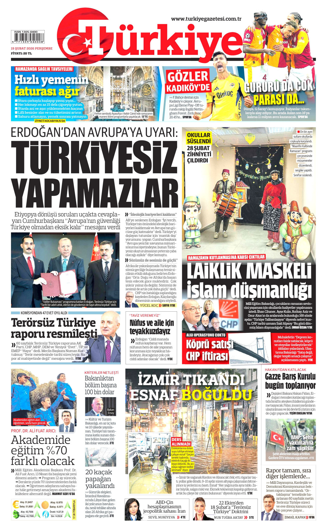TÜRKİYE GAZETESİ gazetesinin 19 Şubat 2026 tarihli birinci sayfası