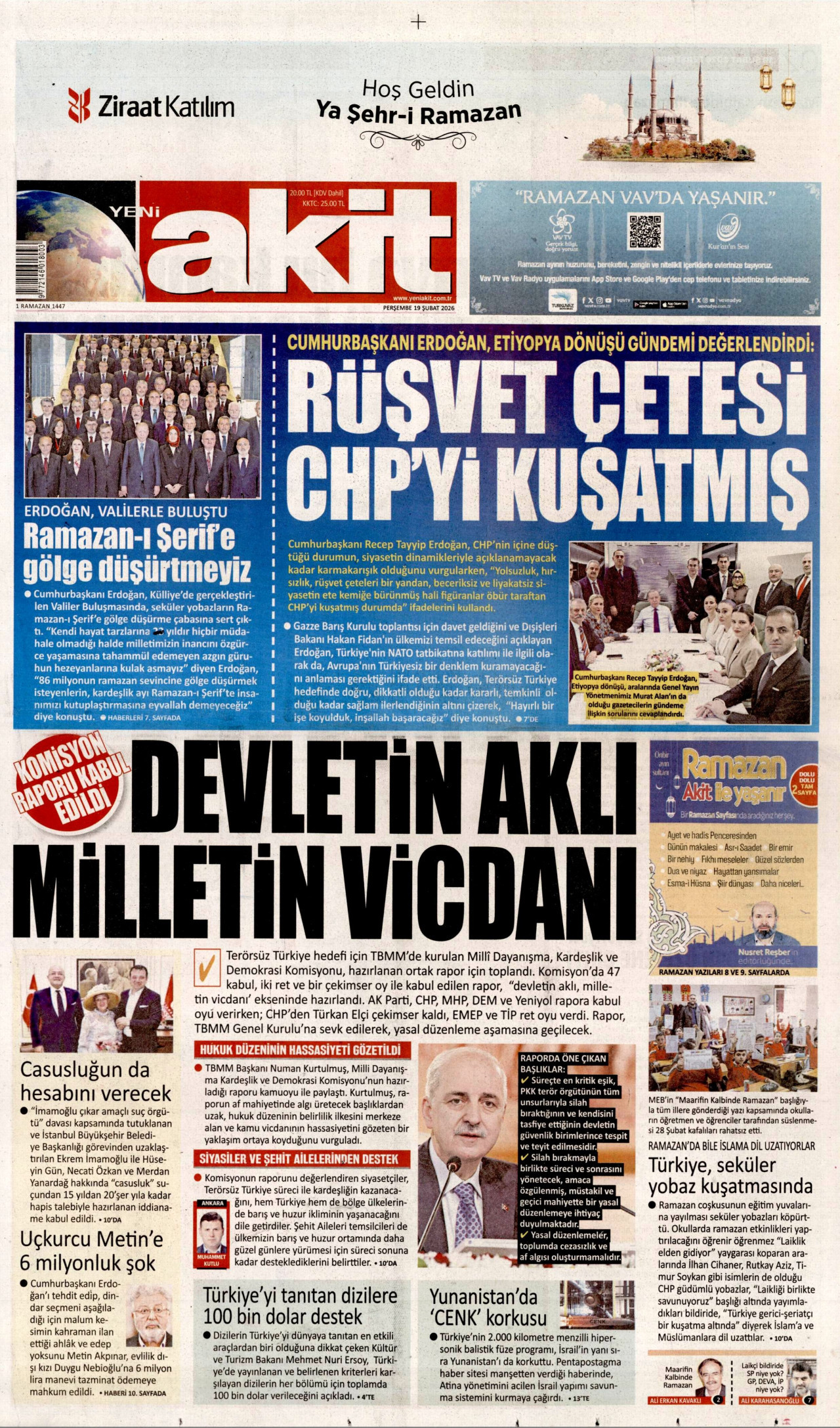 YENİ AKİT gazetesinin 19 Şubat 2026 tarihli birinci sayfası