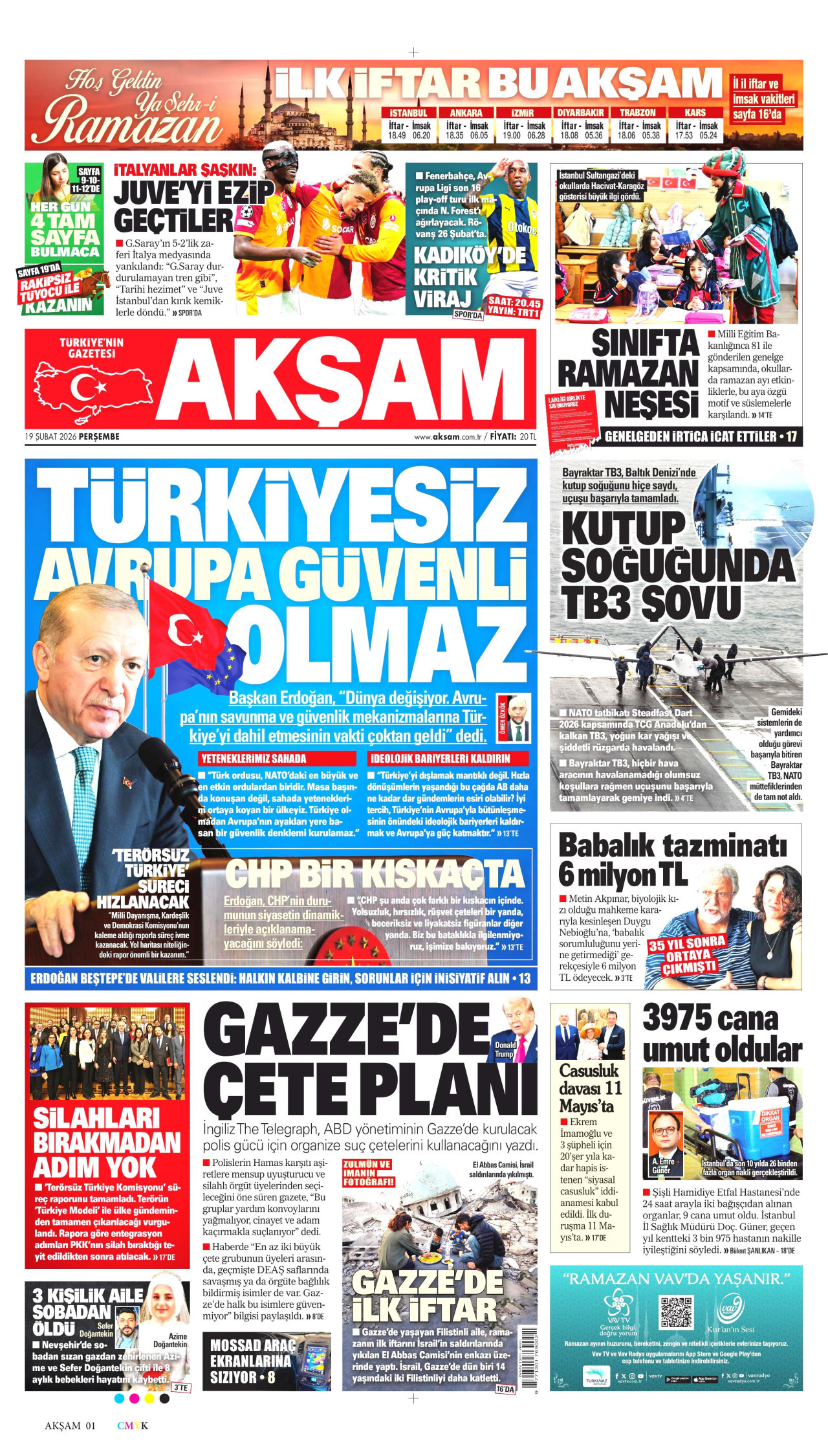 AKŞAM gazetesinin 19 Şubat 2026 tarihli birinci sayfası