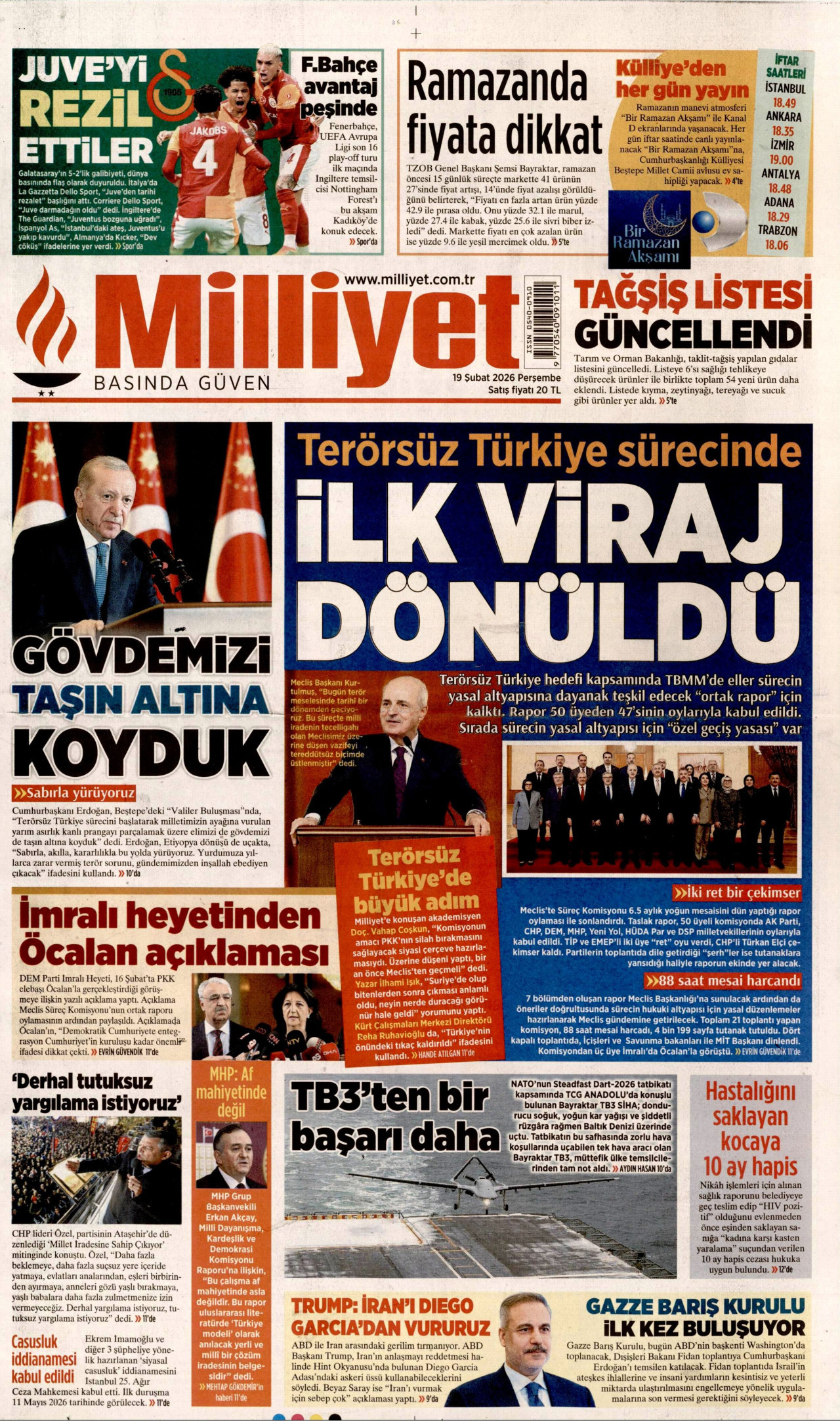 MİLLİYET gazetesinin 19 Şubat 2026 tarihli birinci sayfası