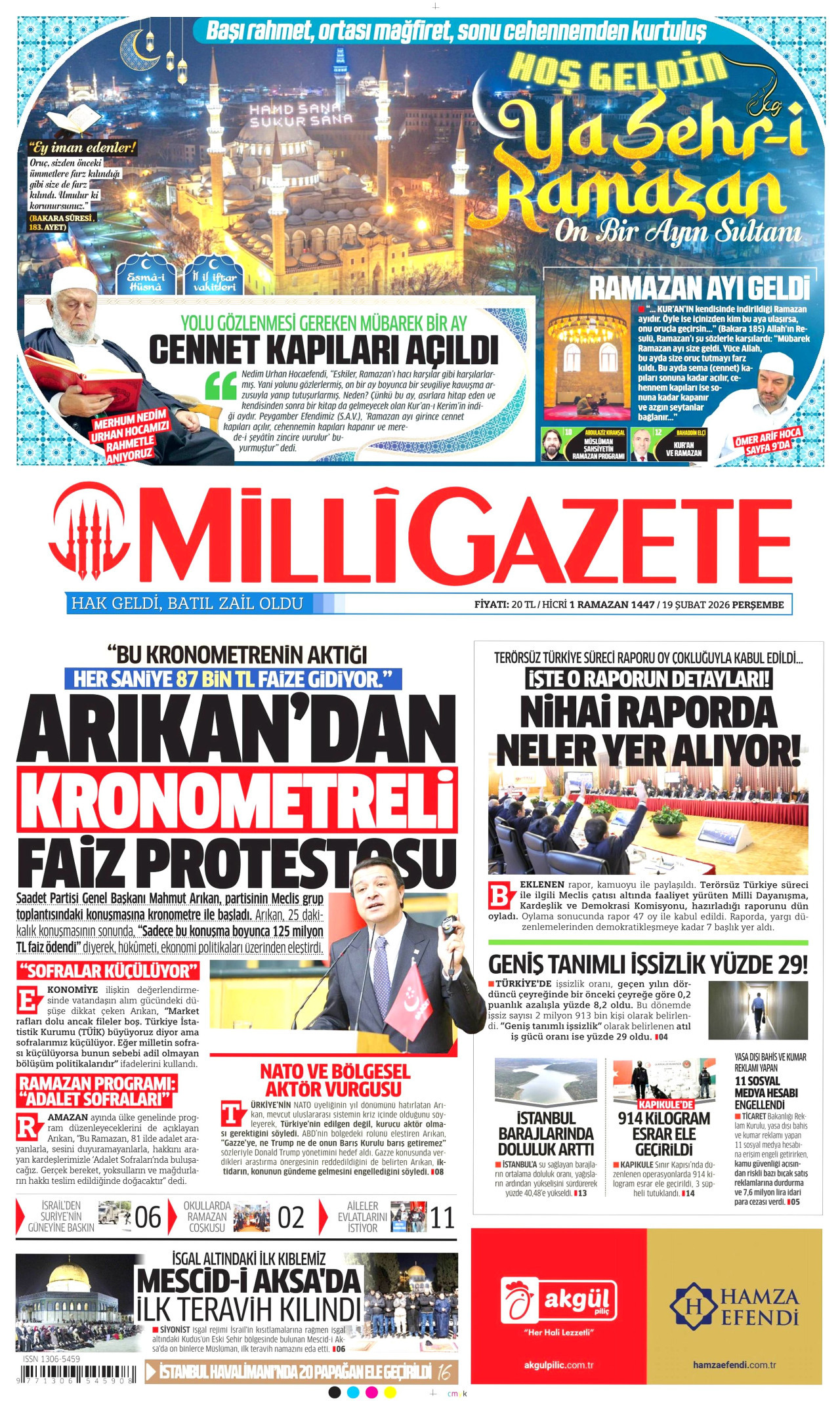 MİLLİ GAZETE gazetesinin 19 Şubat 2026 tarihli birinci sayfası