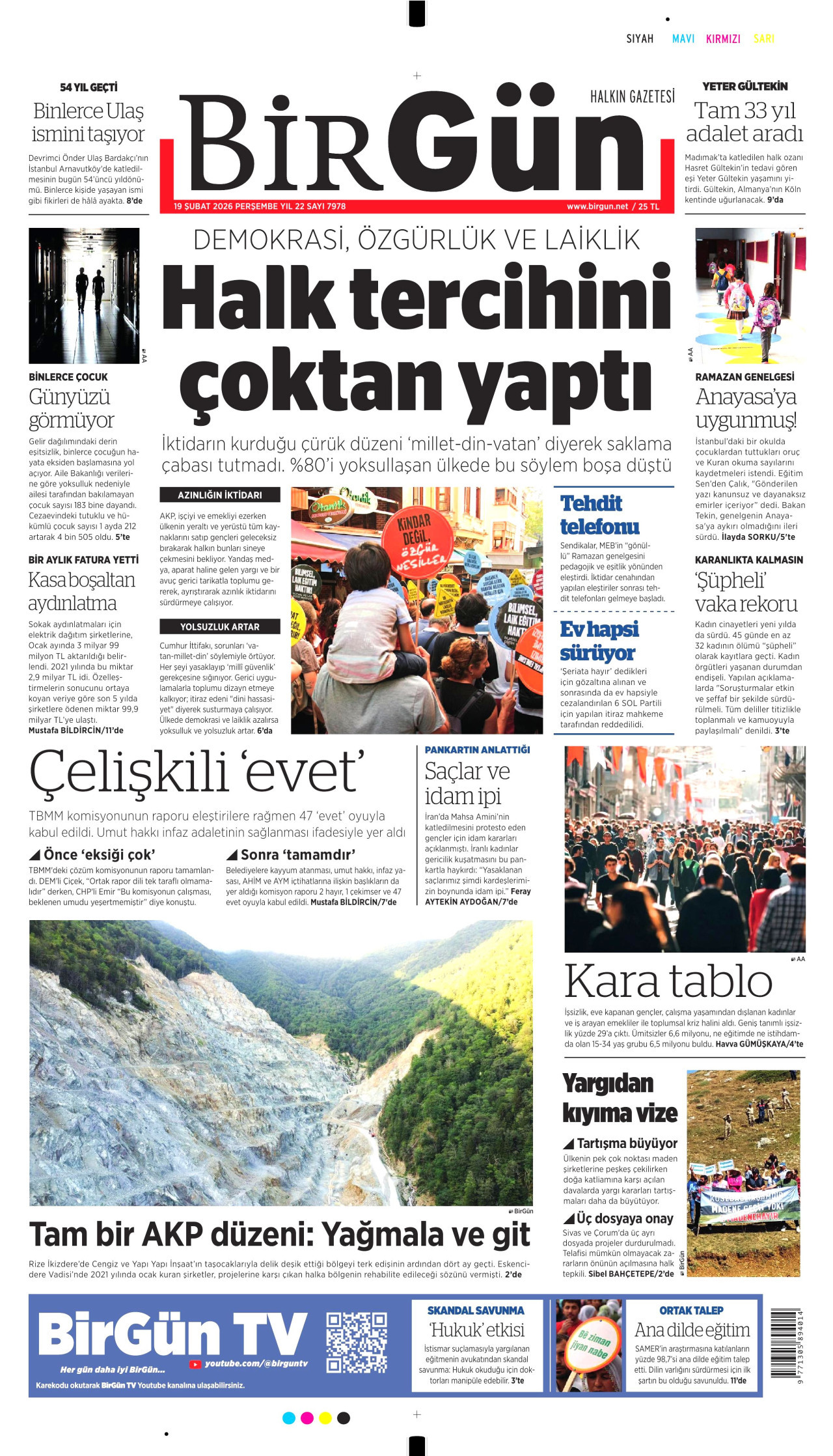BİRGÜN gazetesinin 19 Şubat 2026 tarihli birinci sayfası