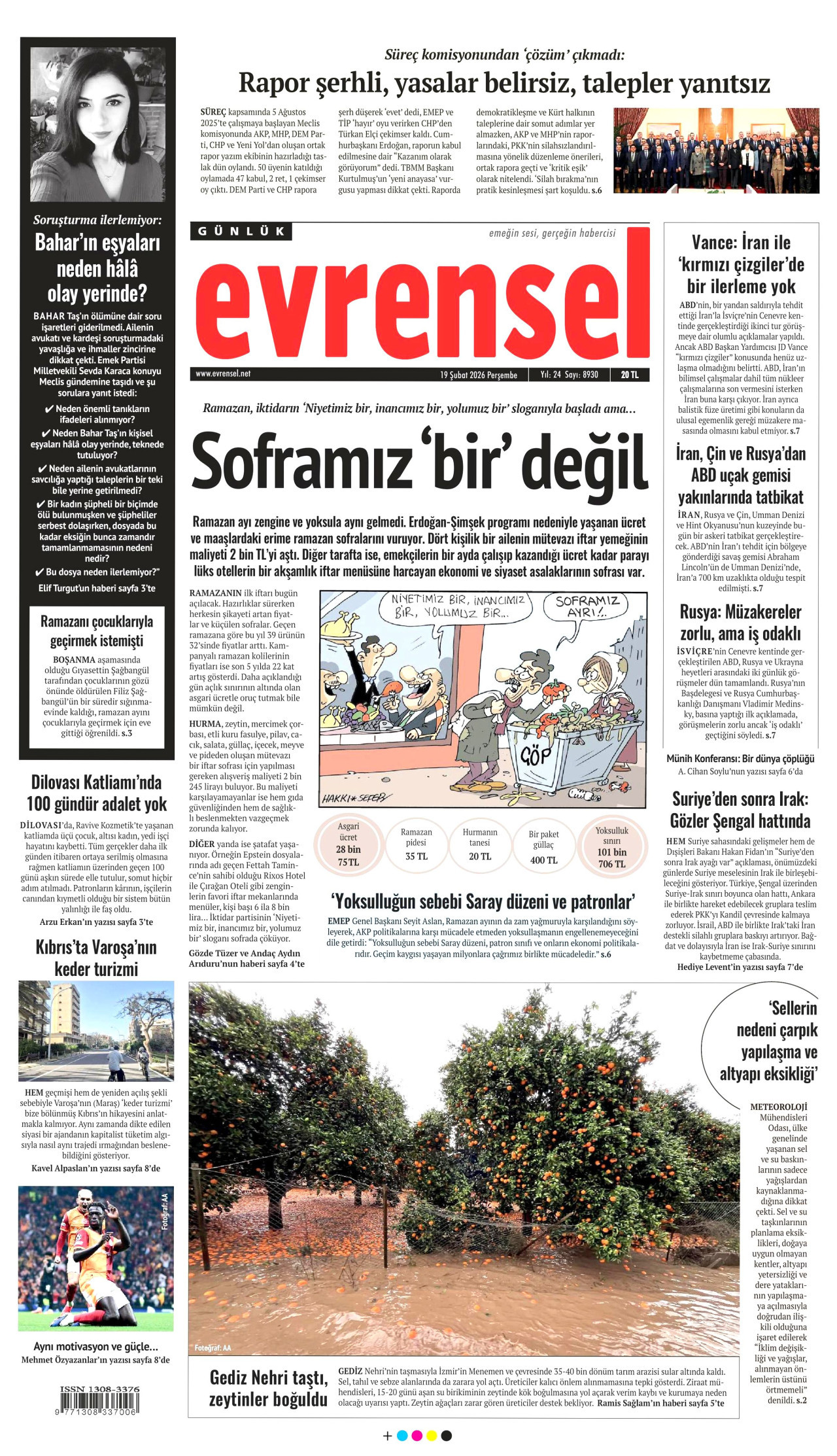 EVRENSEL gazetesinin 19 Şubat 2026 tarihli birinci sayfası