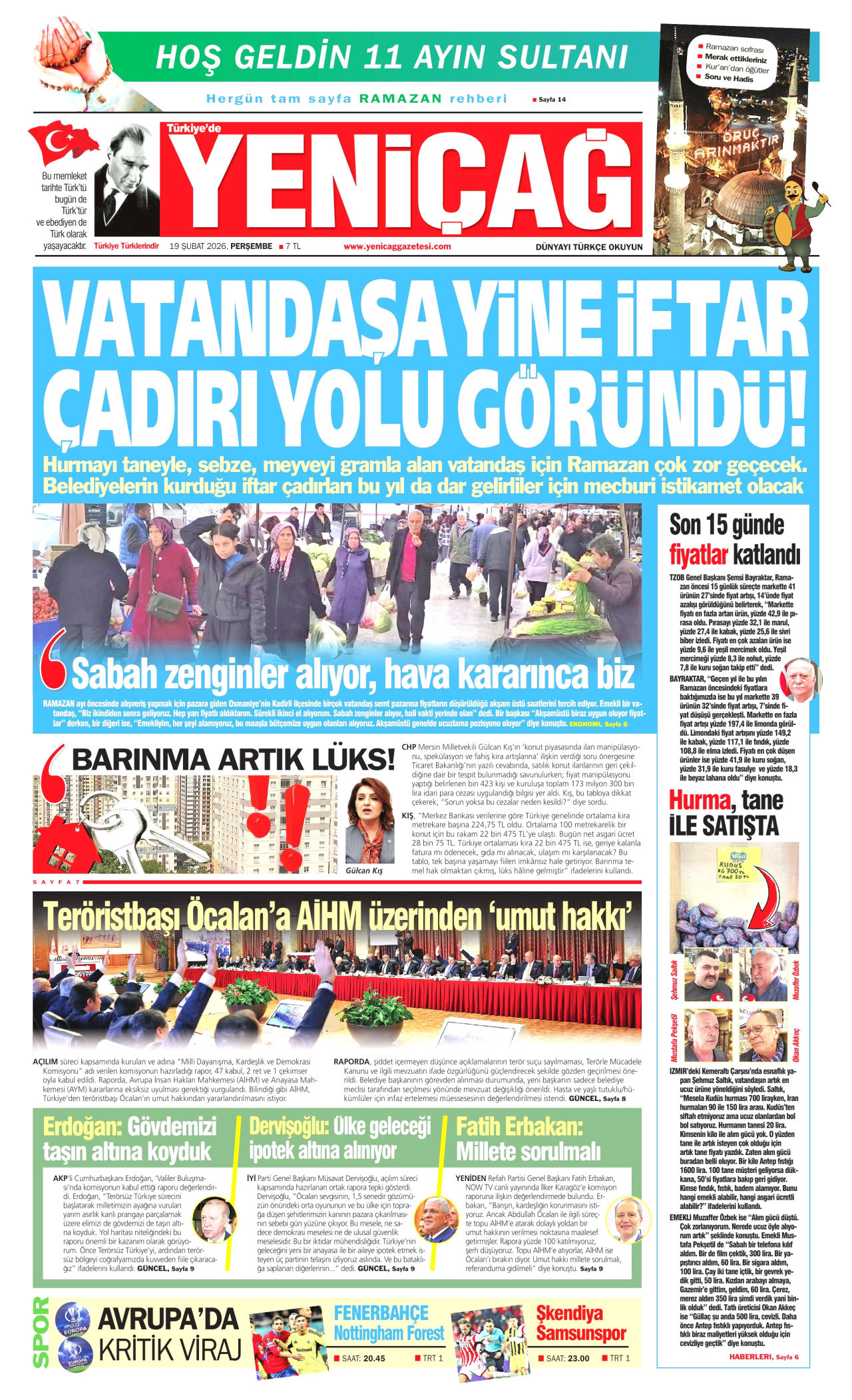 YENİÇAĞ gazetesinin 19 Şubat 2026 tarihli birinci sayfası