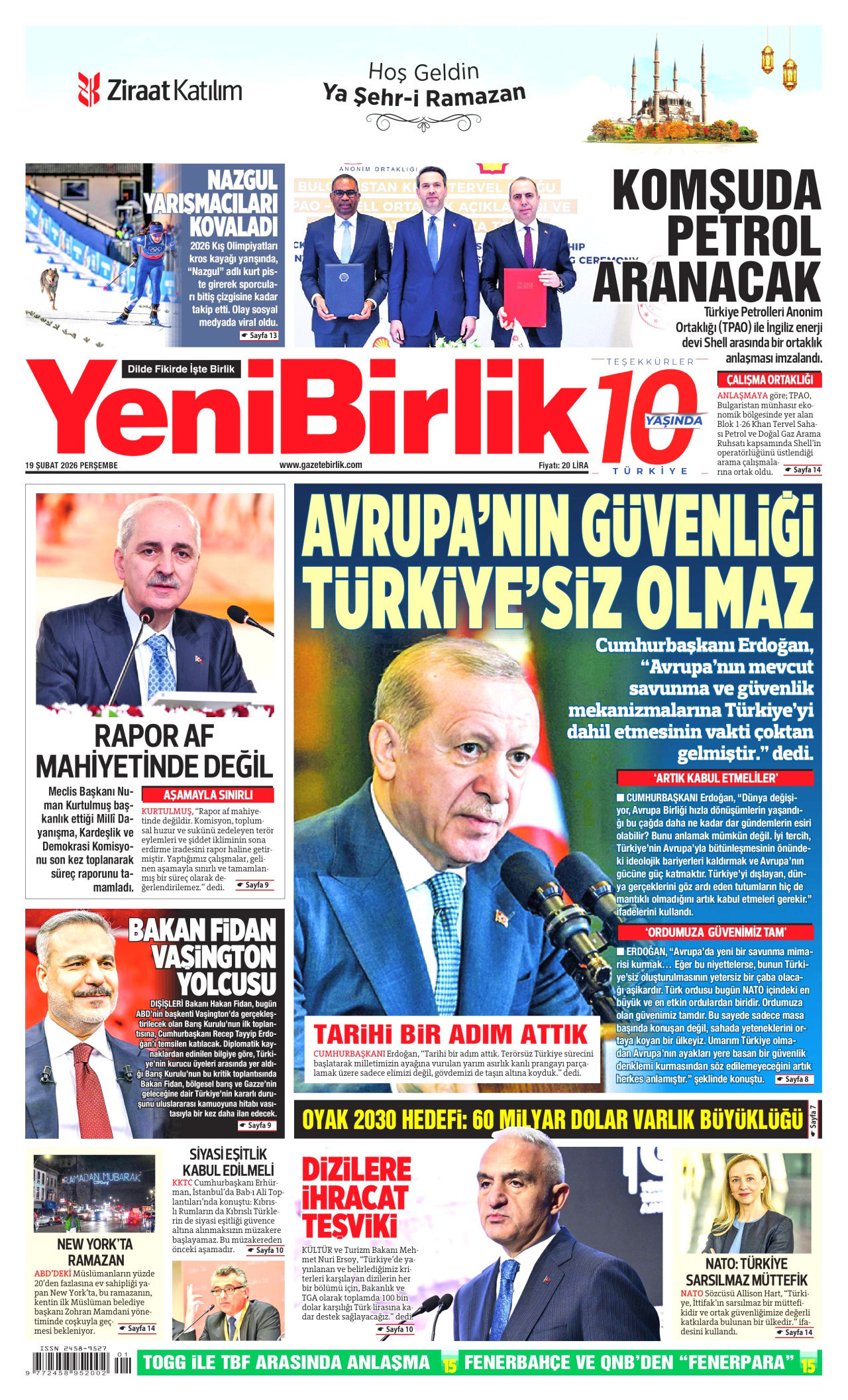 YENİBİRLİK gazetesinin 19 Şubat 2026 tarihli birinci sayfası