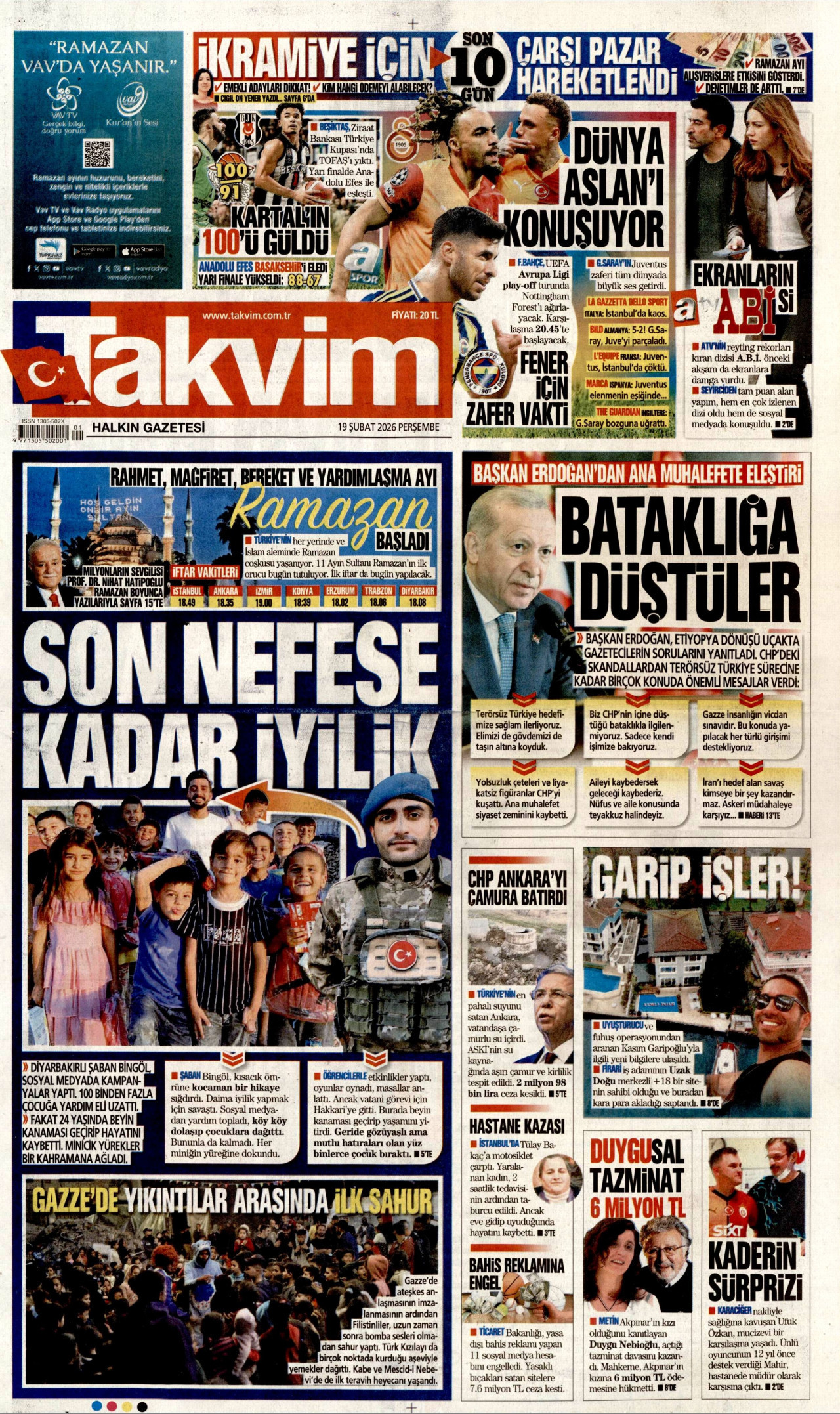 TAKVİM gazetesinin 19 Şubat 2026 tarihli birinci sayfası