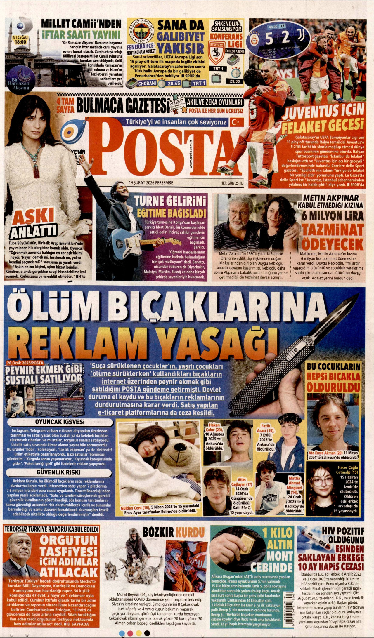 POSTA gazetesinin 19 Şubat 2026 tarihli birinci sayfası